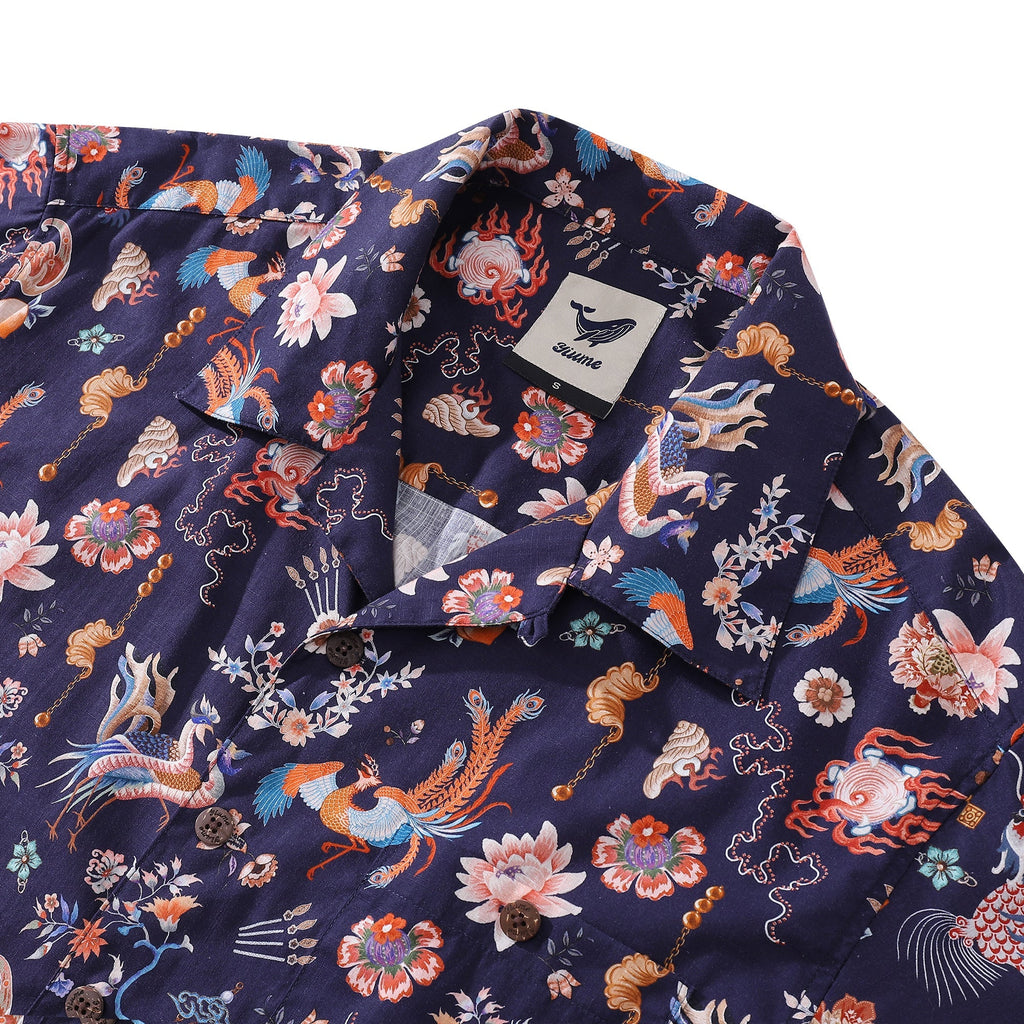 Men's Cotton Hawaiian Camp Collar Shirt with Chinese Elements