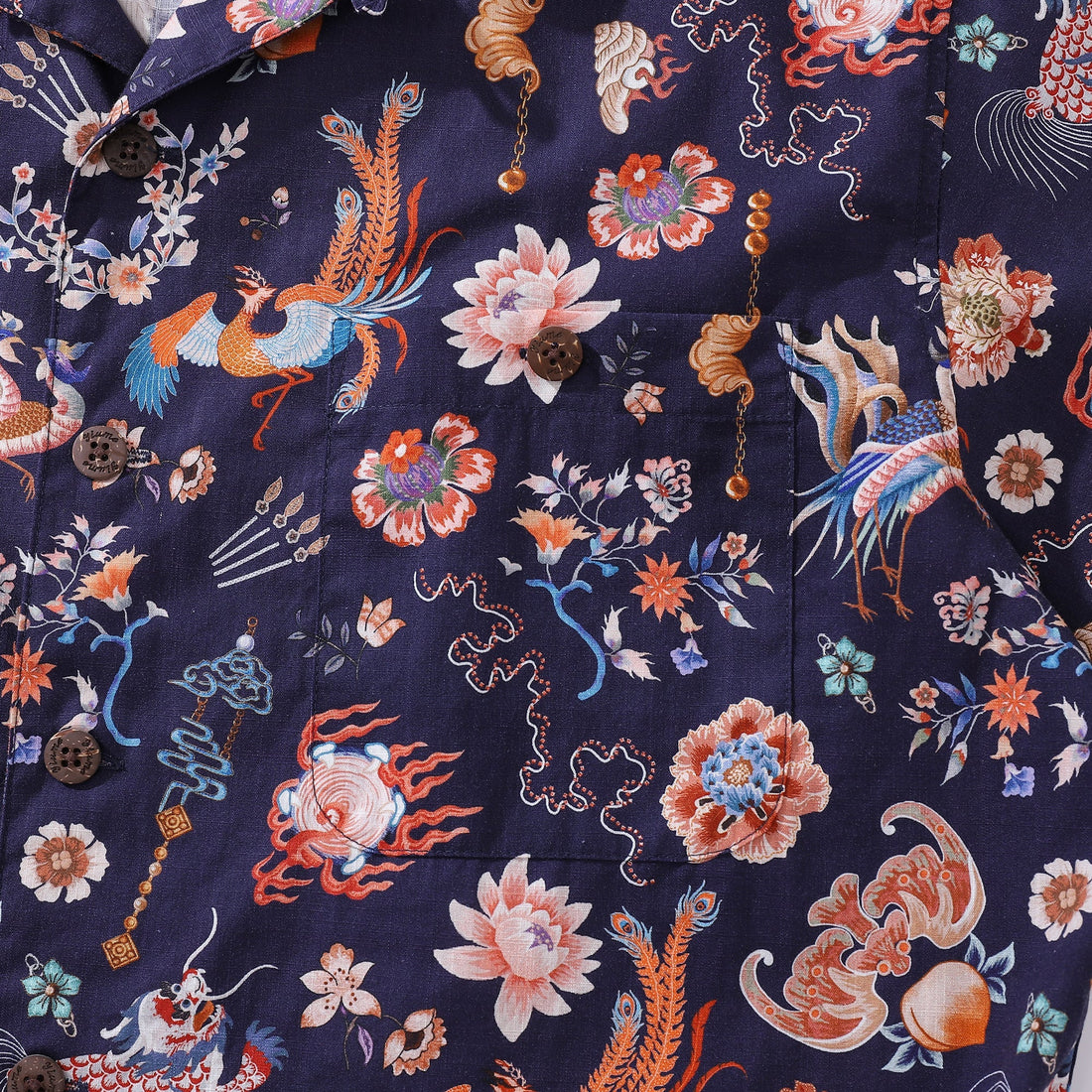 Men's Cotton Hawaiian Camp Collar Shirt with Chinese Elements