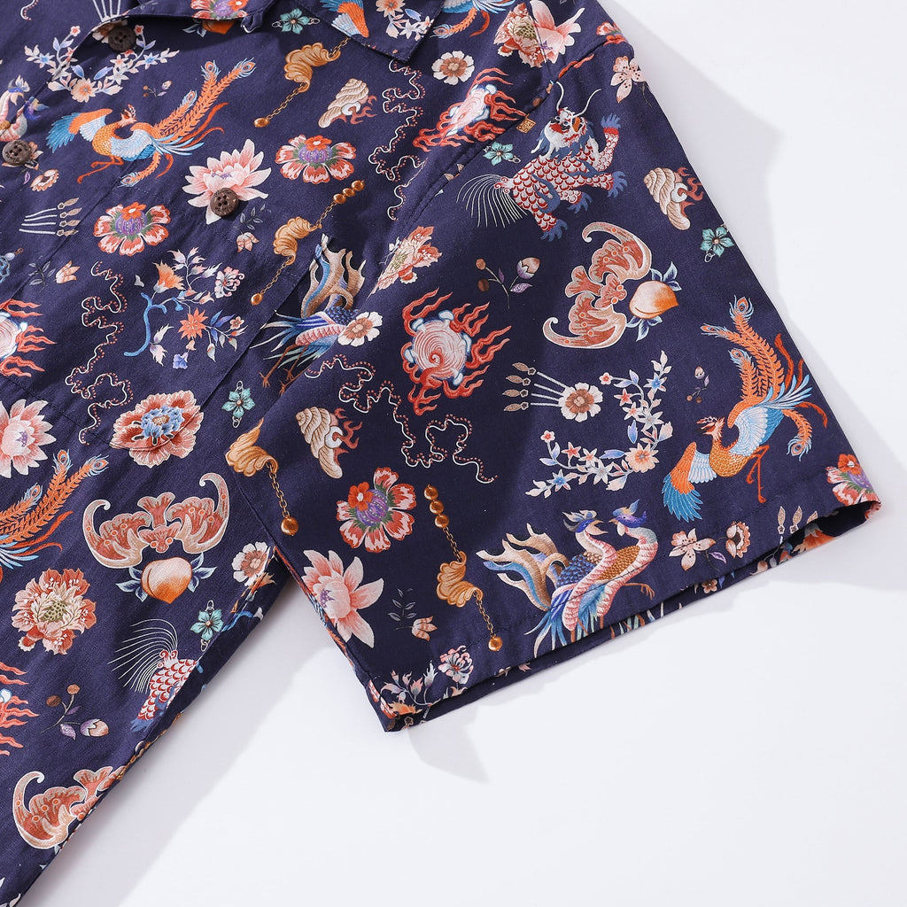 Men's Cotton Hawaiian Camp Collar Shirt with Chinese Elements