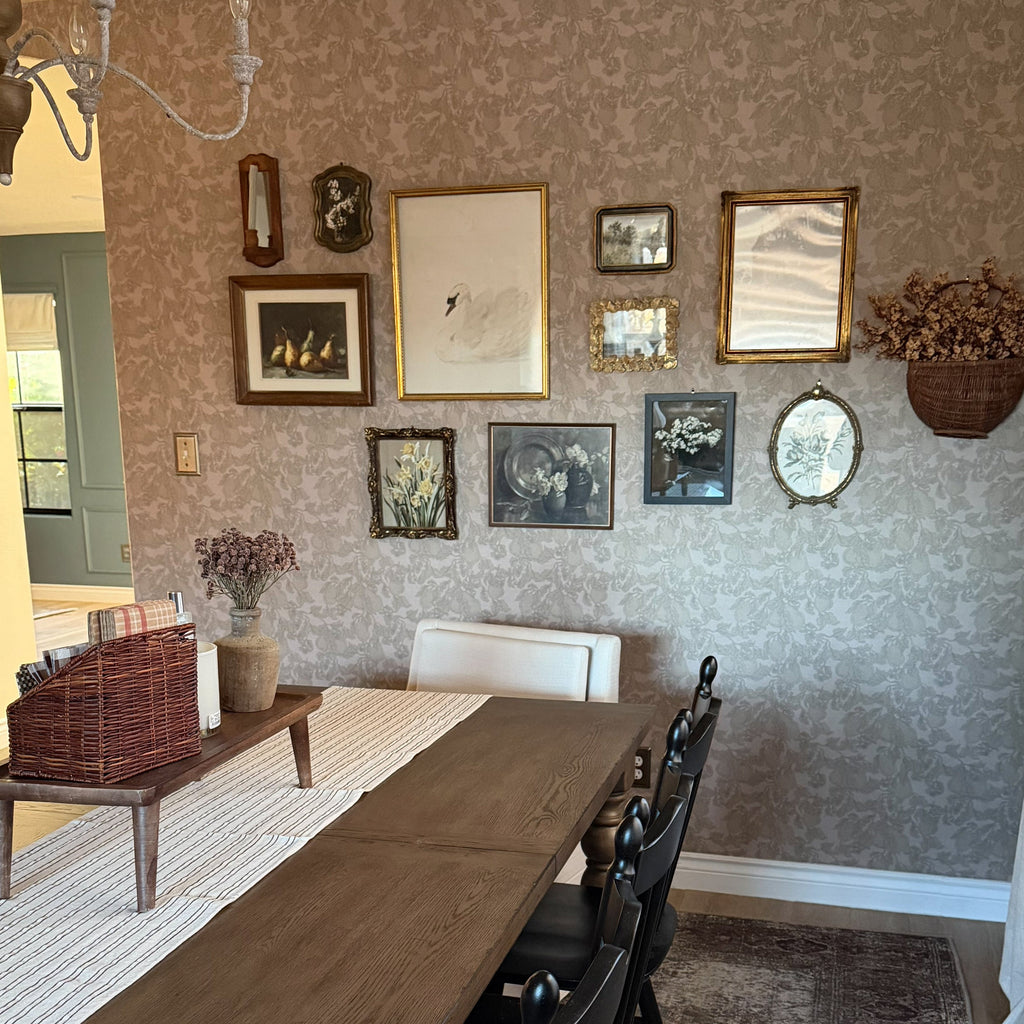 Copeland cottagecore wallpaper in taupe and brown vintage design