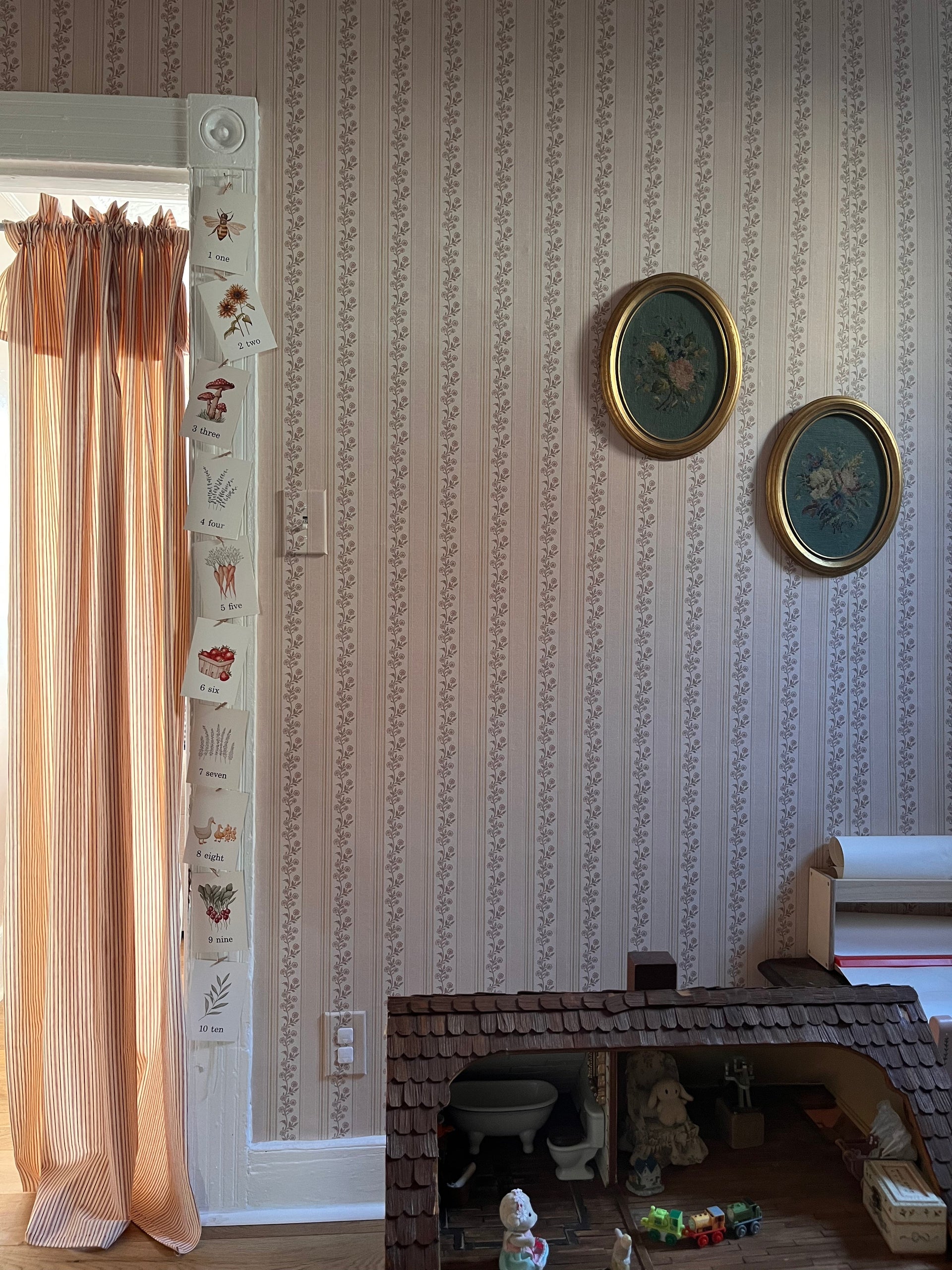 Auggie Striped Wallpaper in Pink, Cream, and Sage-Green