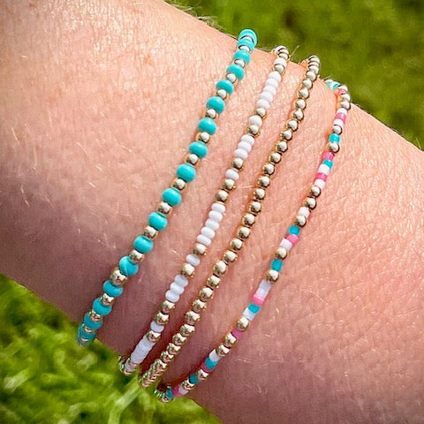 14K Gold Filled Beaded Bracelet with Turquoise Pink and White - Image 2