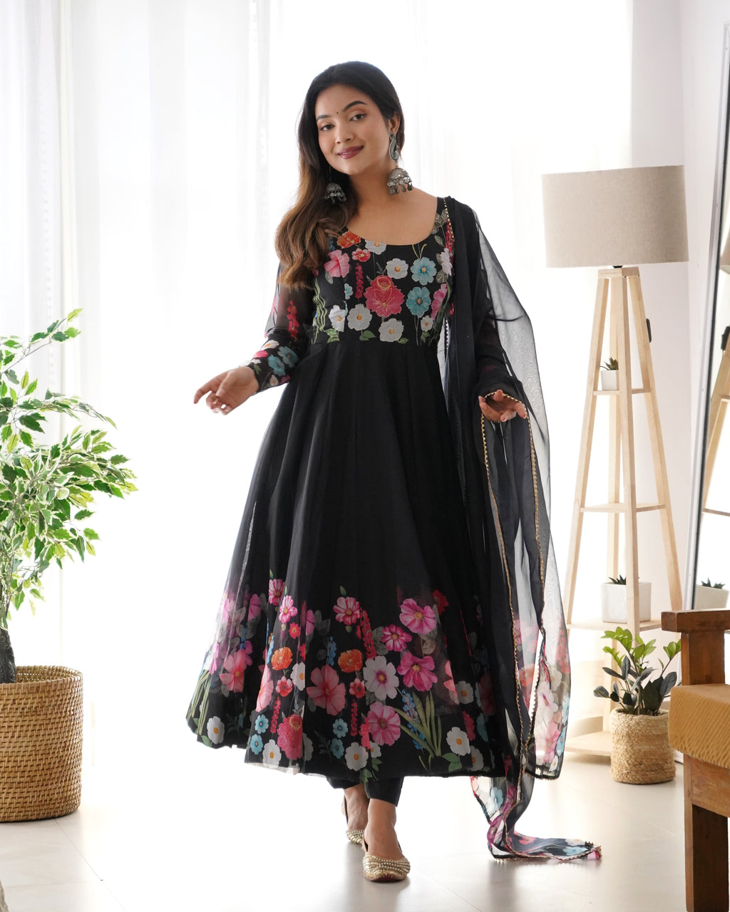 Elegant black organza silk Anarkali set with floral print and Badla Jari handwork
