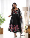 Elegant black organza silk Anarkali set with floral print and Badla Jari handwork