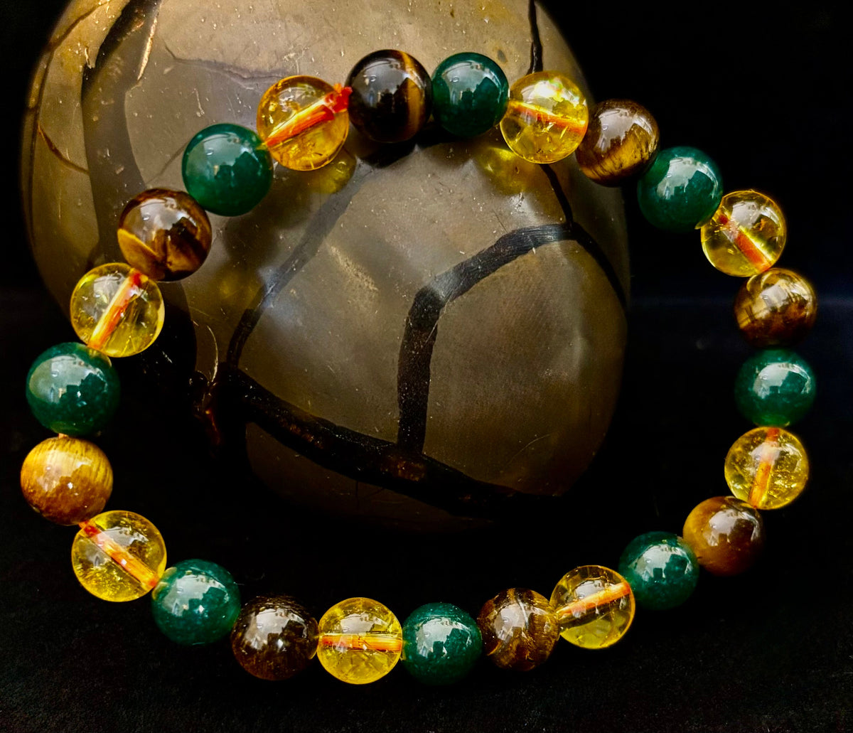 Good Fortune: Tiger’s Eye, Dark Green Jade & Citrine Abundance Stretch Bracelet