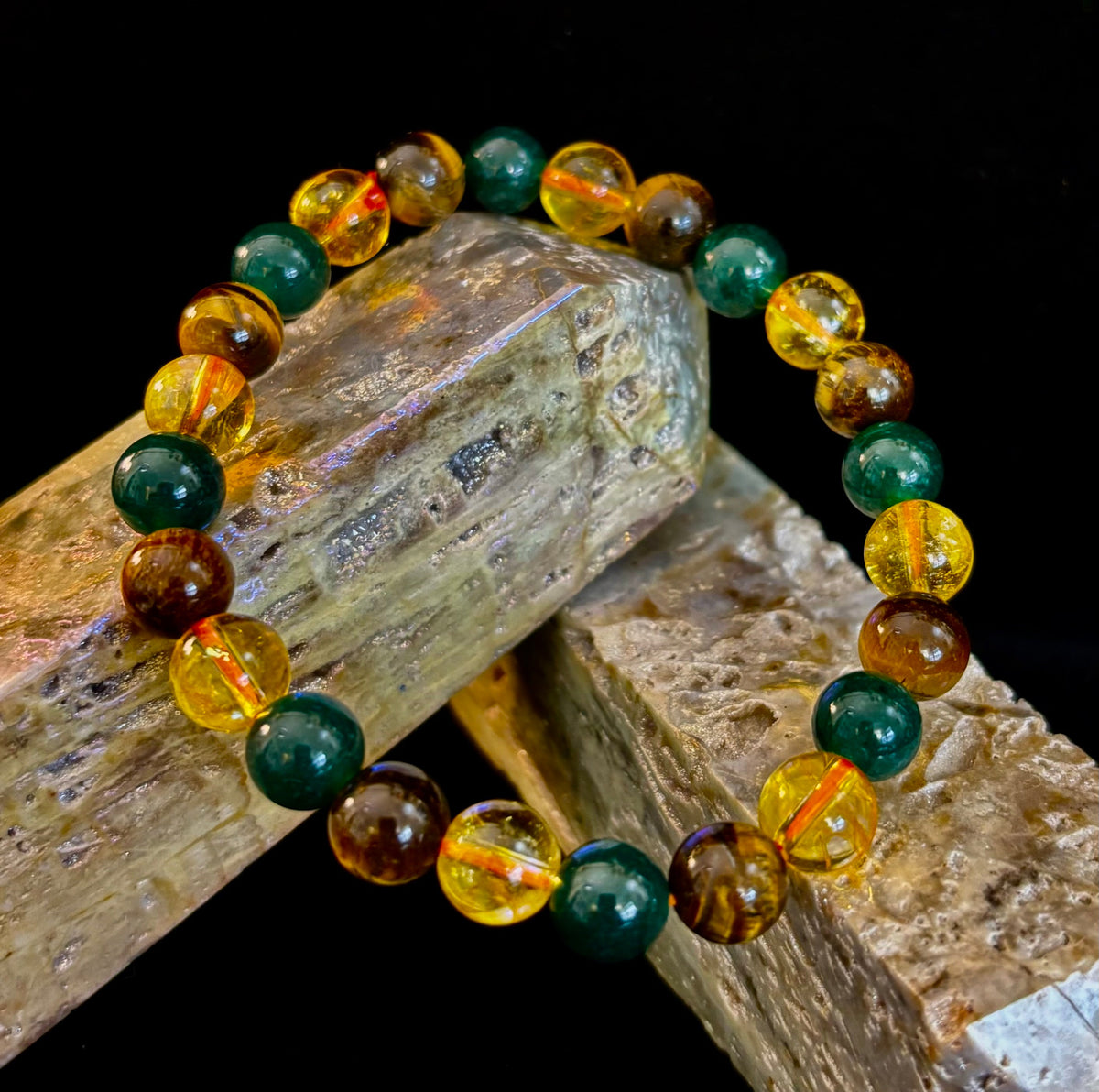Good Fortune: Tiger’s Eye, Dark Green Jade & Citrine Abundance Stretch Bracelet