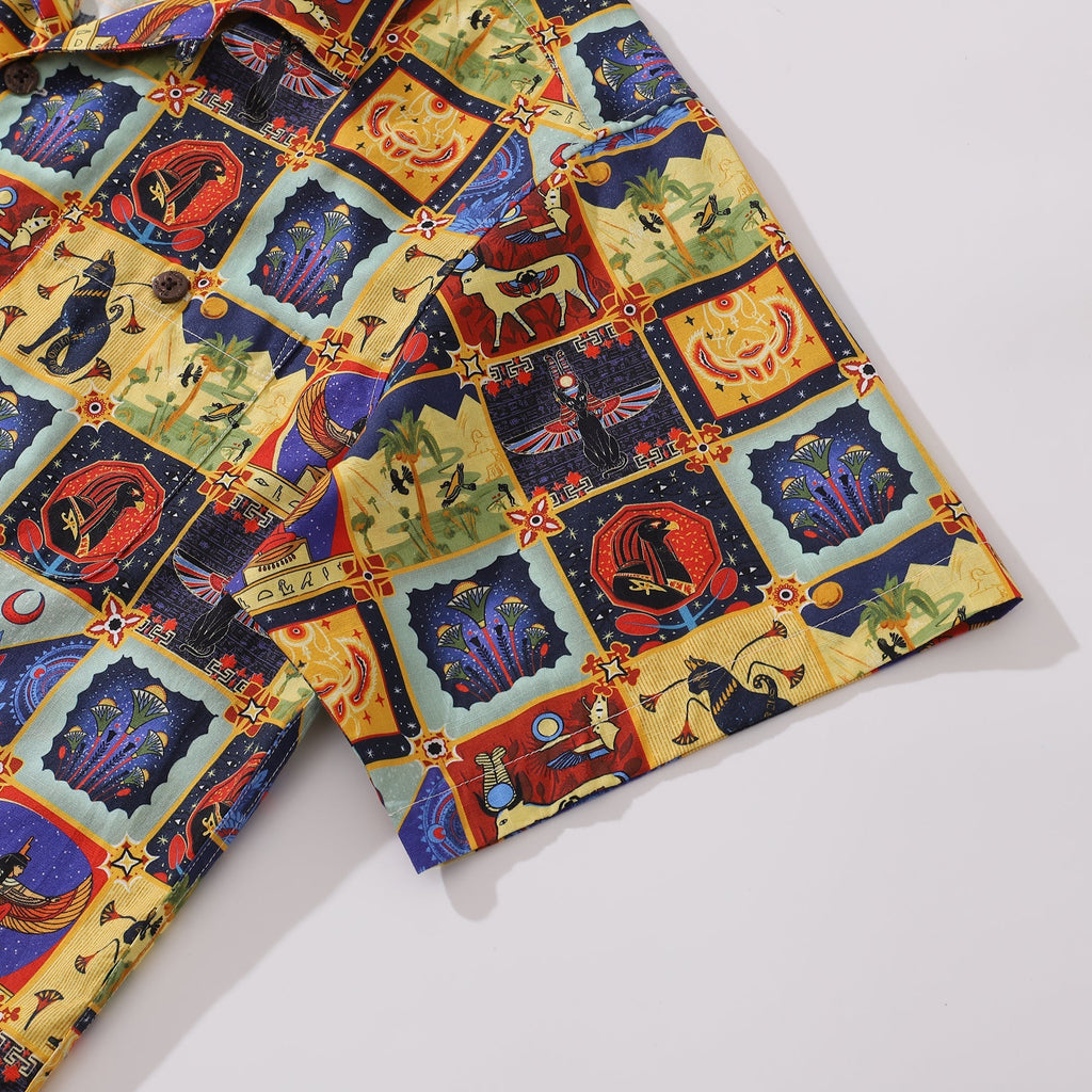 1940s Vintage Hawaiian Shirt Ancient Egyptian Totem Camp Collar