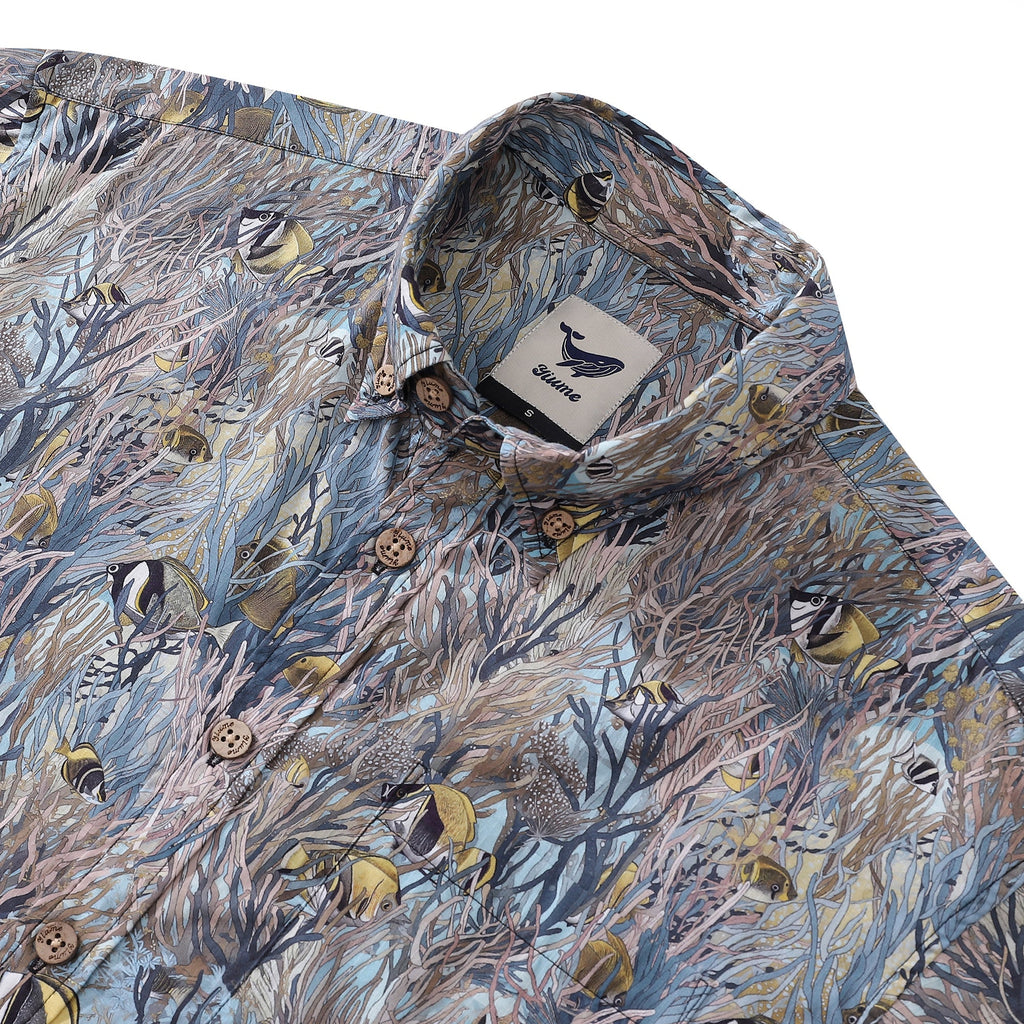 Tropical Fish Print Cotton Short Sleeve Hawaiian Button-Down Shirt