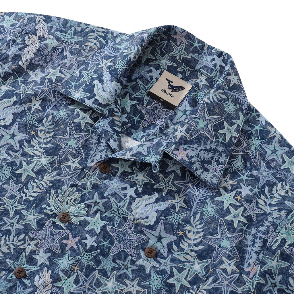 Men's Sea Stars and Coral Hawaiian Shirt - 100% Cotton Camp Collar