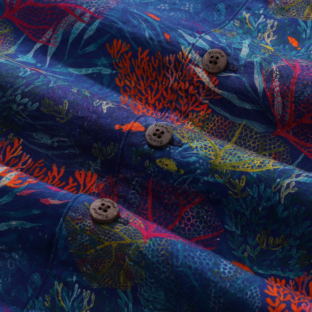 Unisex Tropical Aquarium Print Camp Collar 100% Cotton Shirt