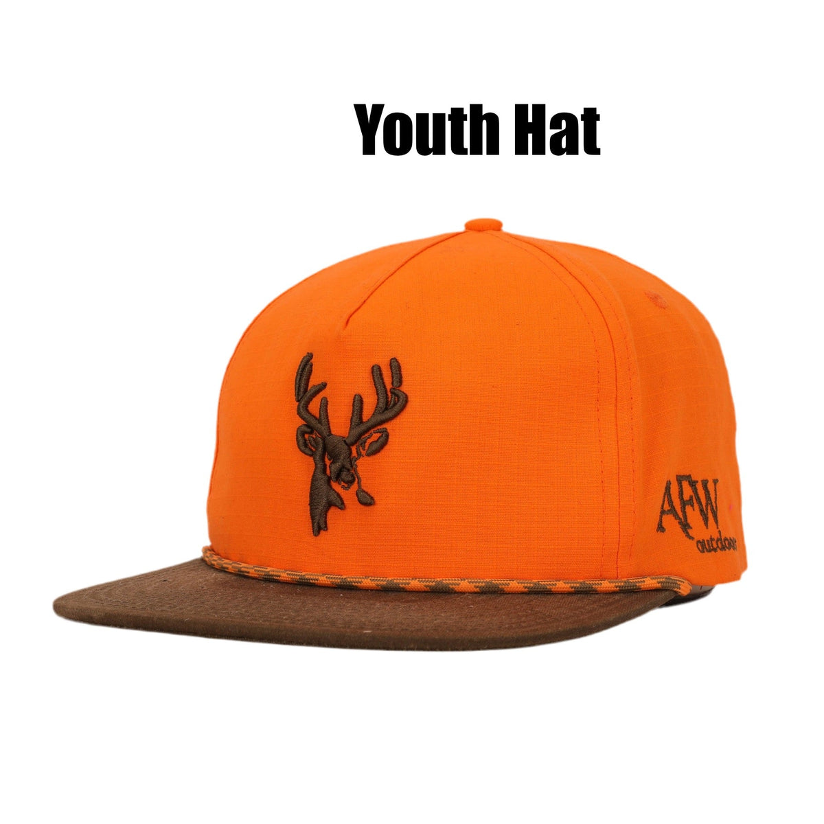 Youth blaze orange and brown ripstop buck hat with decorative rope