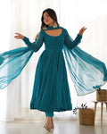 Rama green faux georgette Anarkali kurta set with Leheriya print and potli buttons