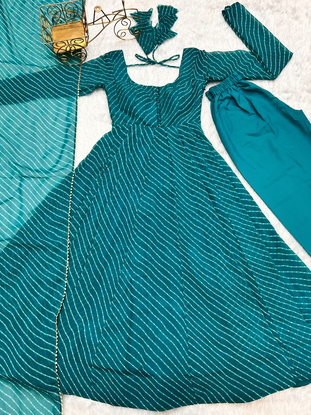 Rama Green Faux Georgette Leheriya Print Anarkali Kurta Set