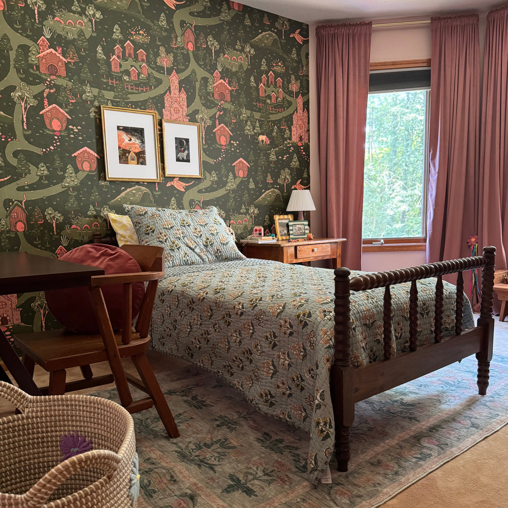 Adelina patterned wallpaper by Tylee Hansen displayed on a home office wall