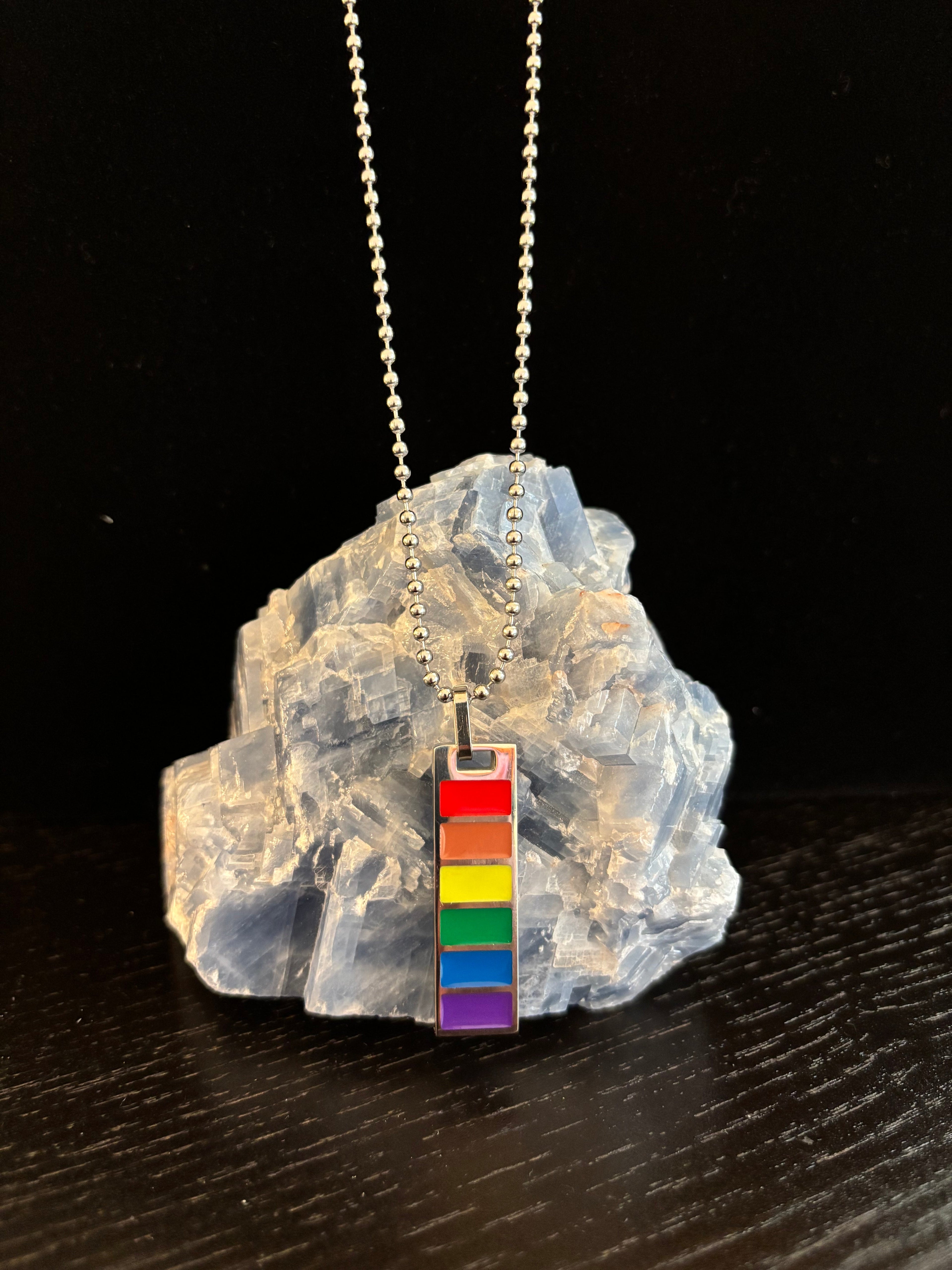 LGBTQ+ Pride Bar Pendant Necklace – Rainbow Enamel on Stainless Steel