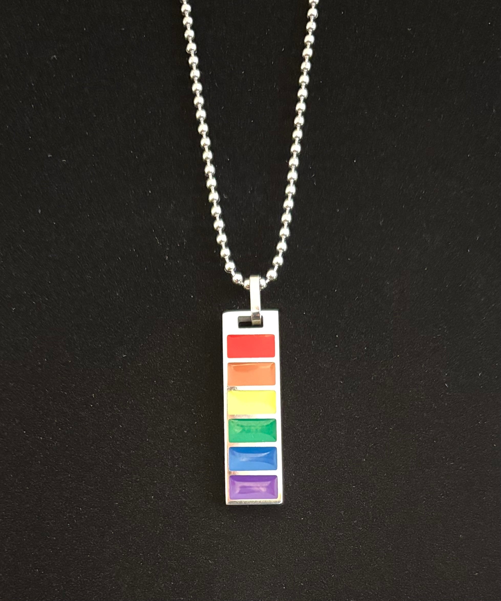 LGBTQ+ Pride Bar Pendant Necklace – Rainbow Enamel on Stainless Steel