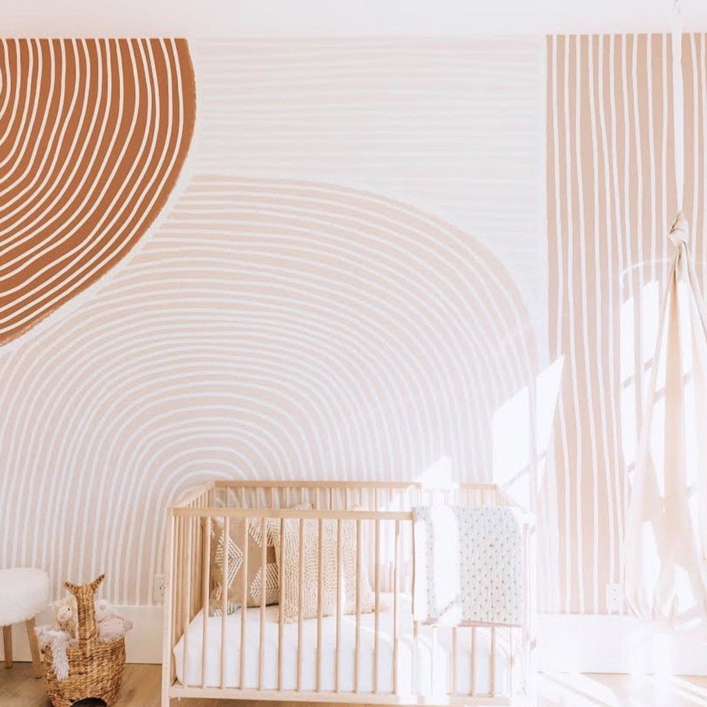 Claire geometric wallpaper pattern in terracotta and blush-pink colors.
