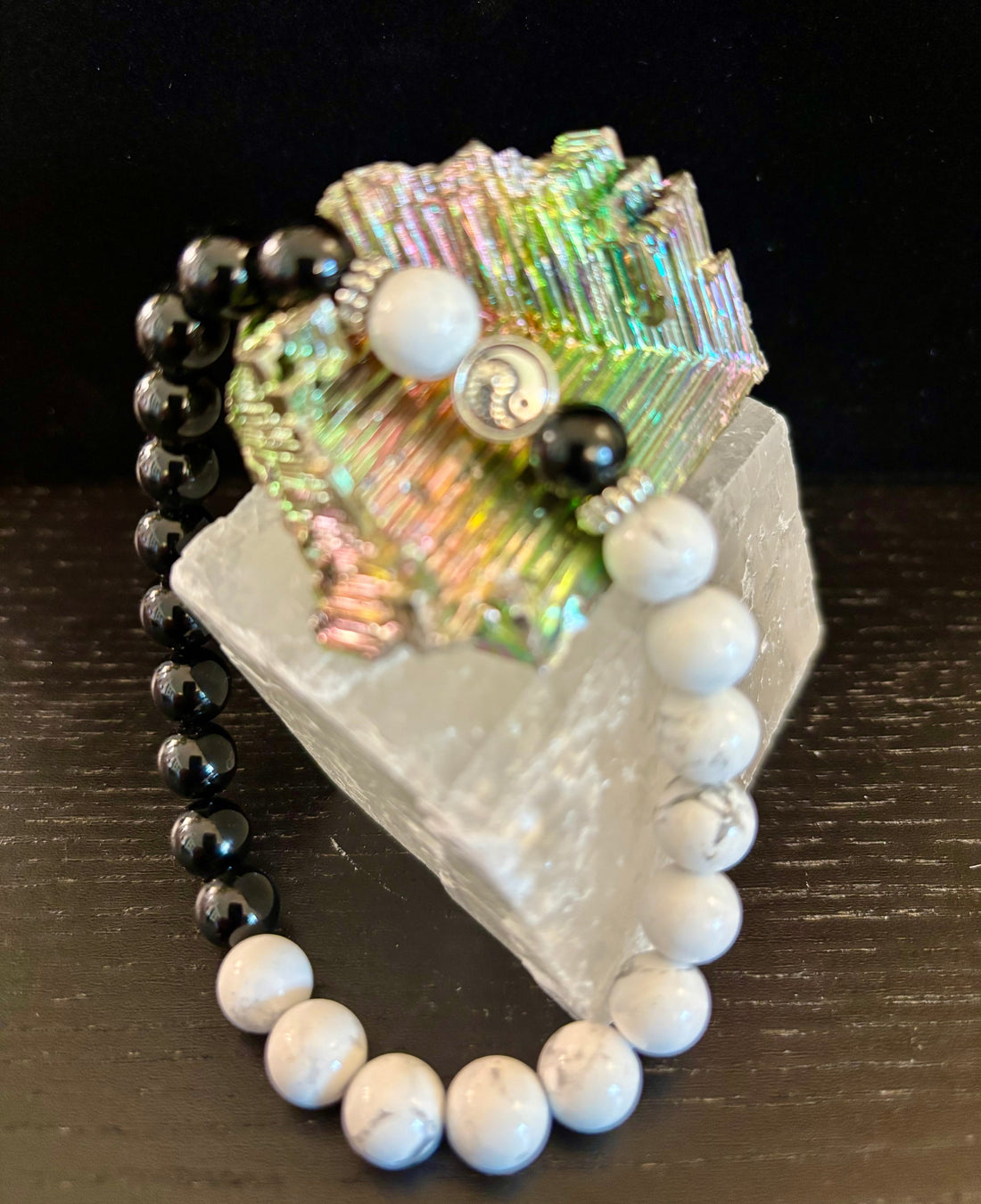 Yin Yang Energy Bracelet Marbled White and Glossy Black Beads