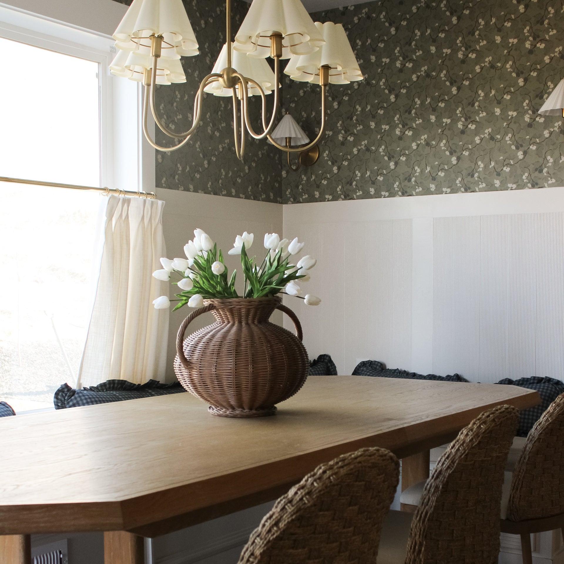 Rhodes floral wallpaper featuring sage-green and brown traditional botanical print.
