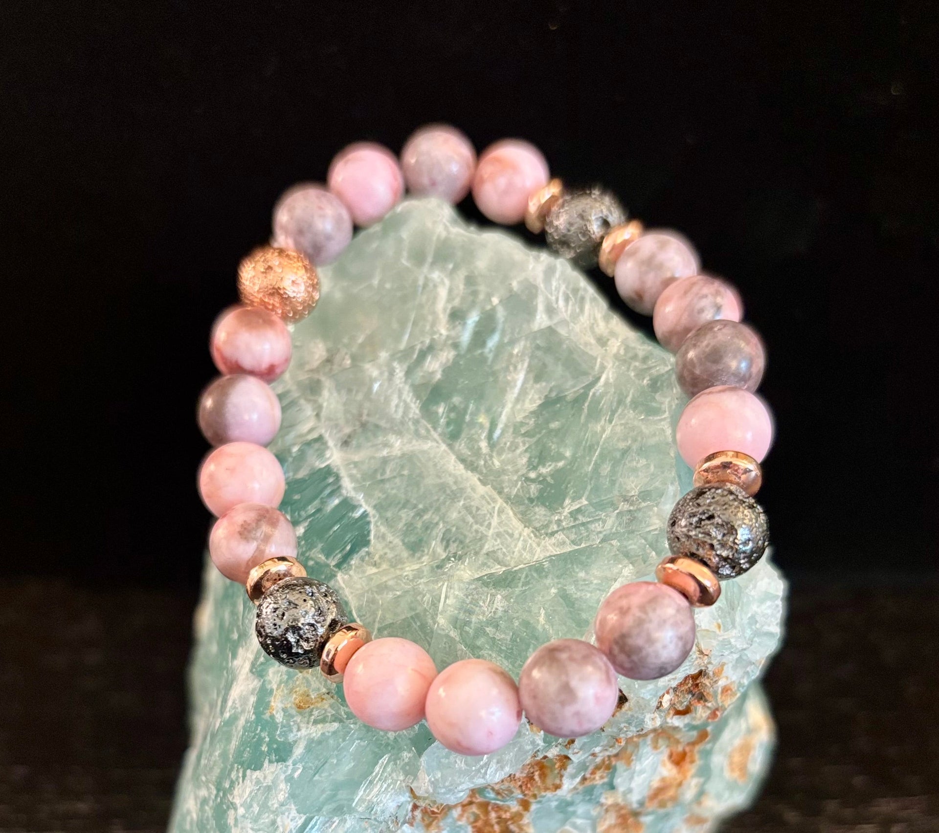 Pink Zebra Jasper & Rose Gold Toned Lava Stone Bracelet