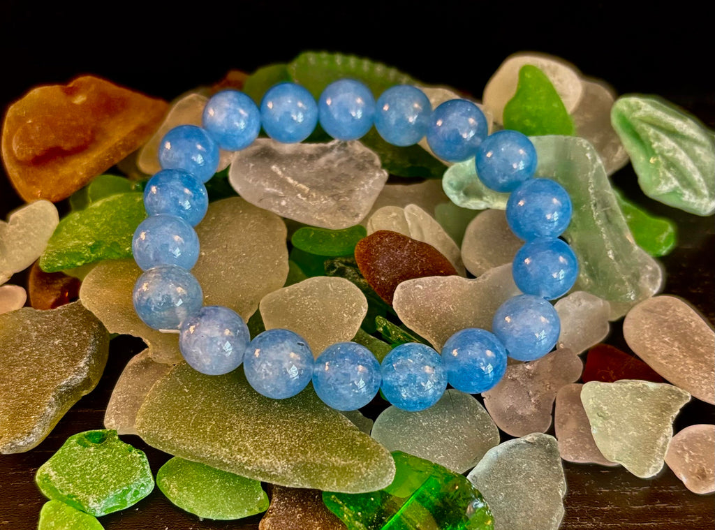 Aquamarine Beaded Bracelet 8mm & 10mm – Reiki-Infused Calm, Clarity & Communication Jewelry (Medium Wrist)