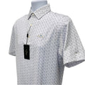 White polo shirt with grey flying duck pattern worn by a golfer on the course