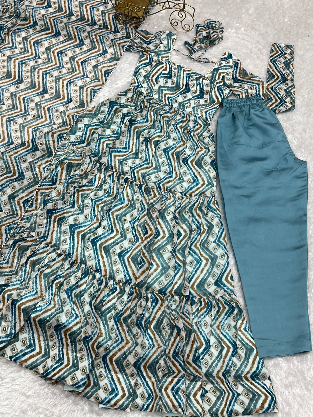 Skyblue Faux Georgette Zigzag Print Anarkali Kurta Pant Set