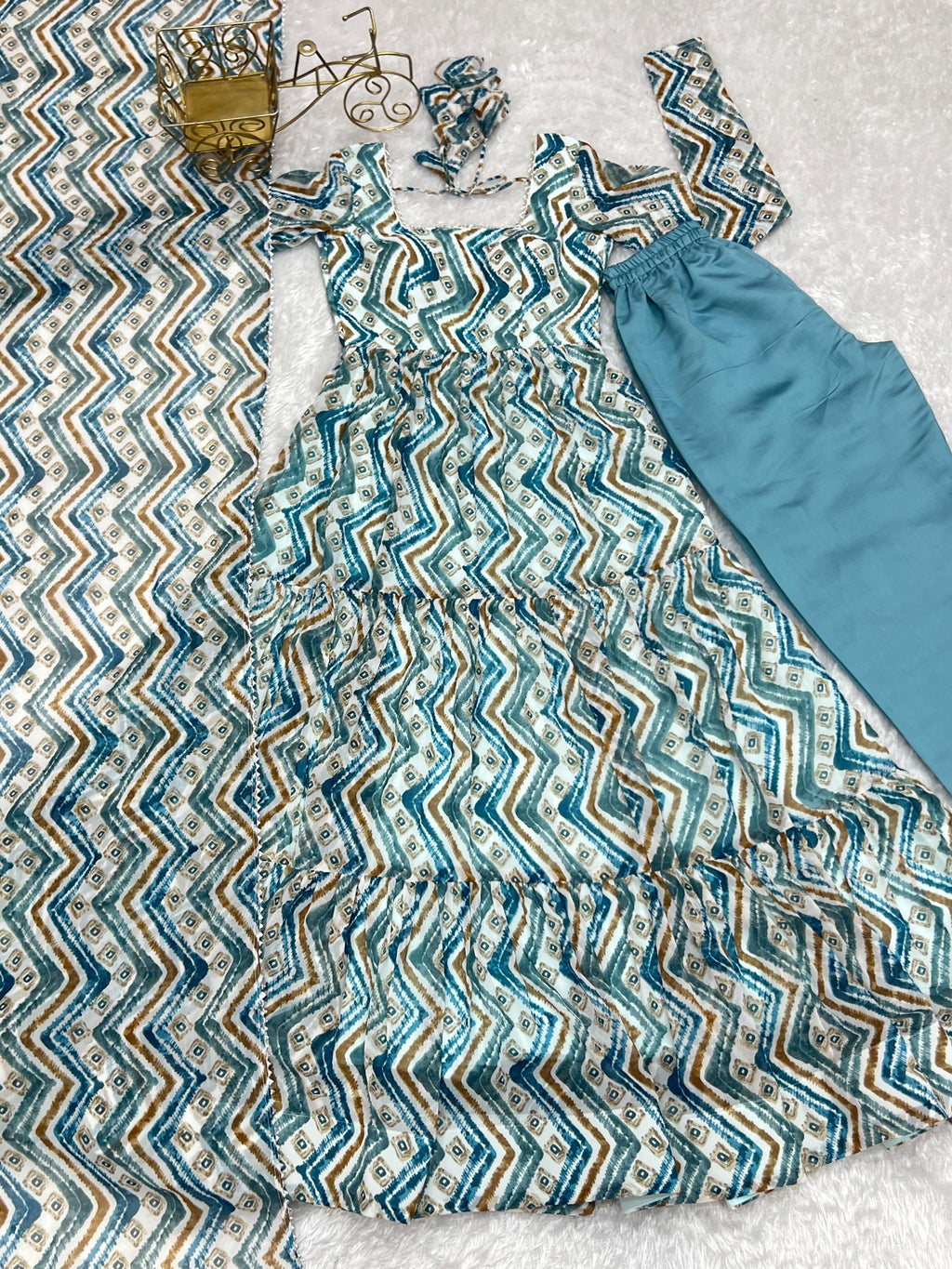 Skyblue Faux Georgette Zigzag Print Anarkali Kurta Pant Set