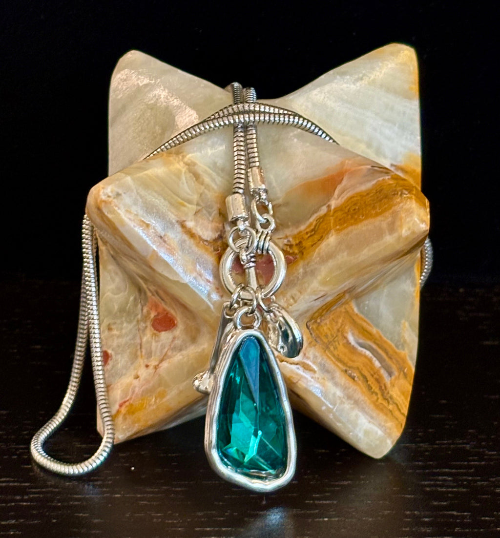 Crystal Drop Pendant Necklace – Blue or Green – Adjustable 75cm (29 inch) Chain