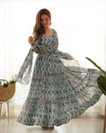 Skyblue and teal zigzag print faux georgette Anarkali set with lace yoke detail