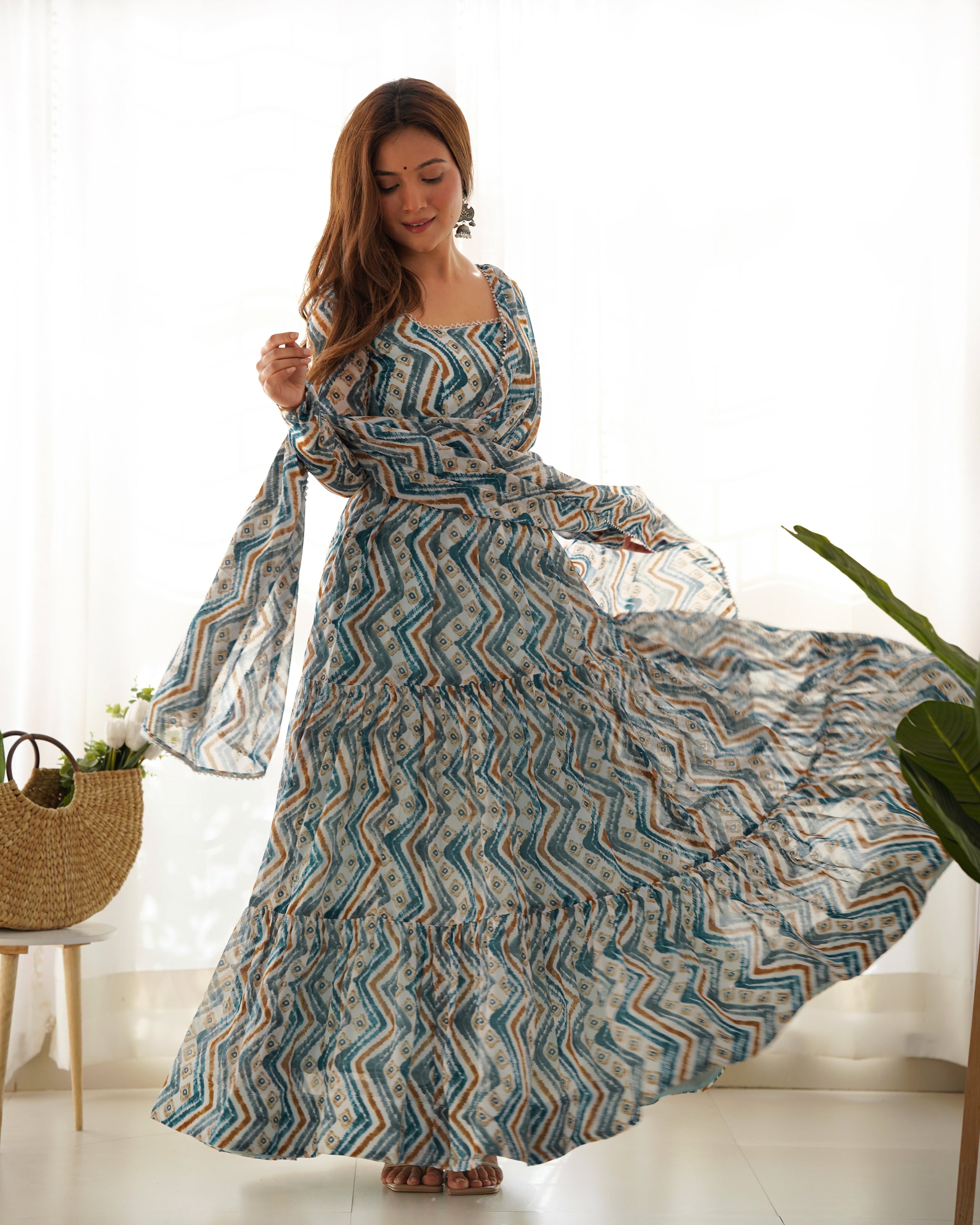 Skyblue and teal zigzag print faux georgette Anarkali set with lace yoke detail