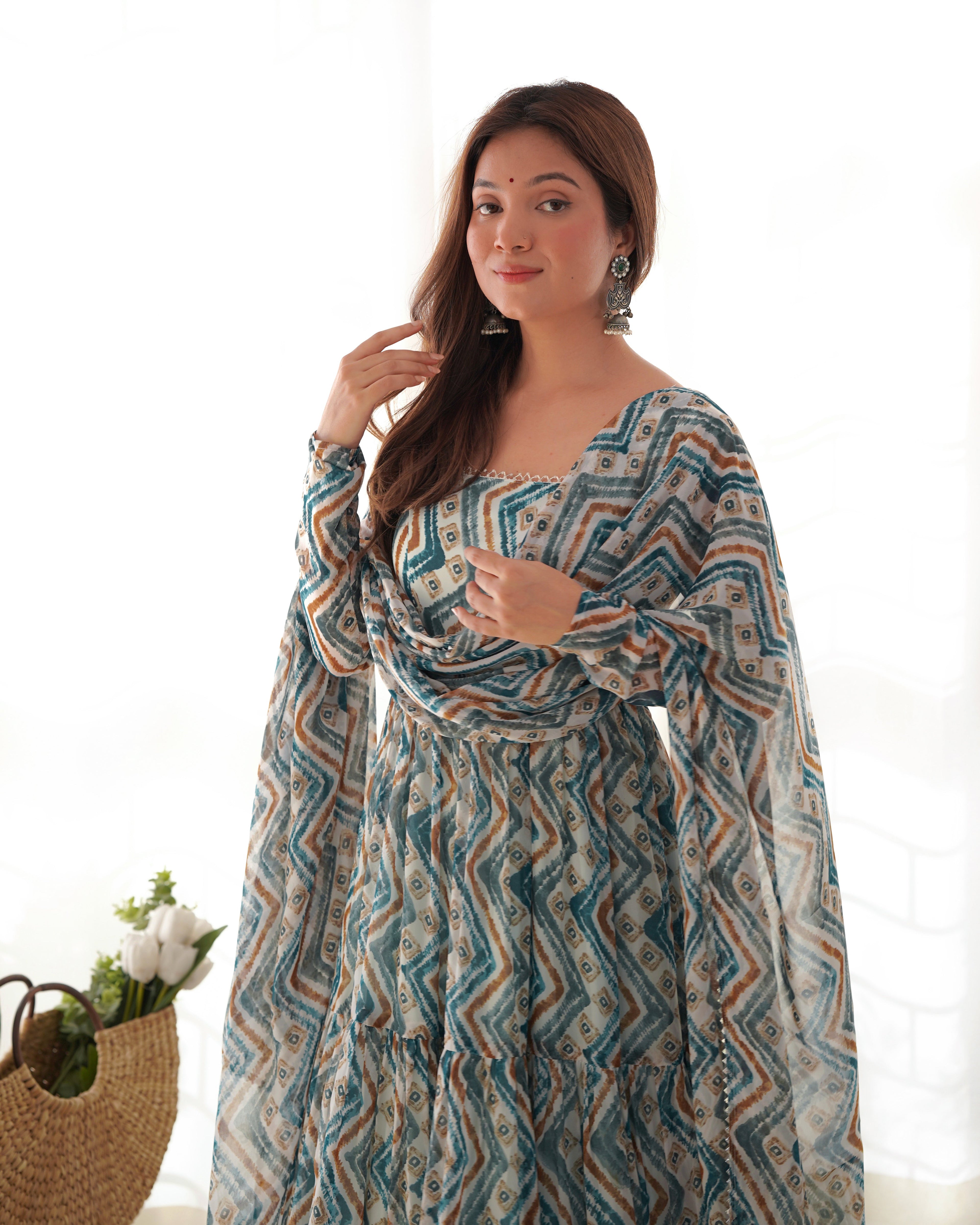 Skyblue Faux Georgette Zigzag Print Anarkali Kurta Pant Set