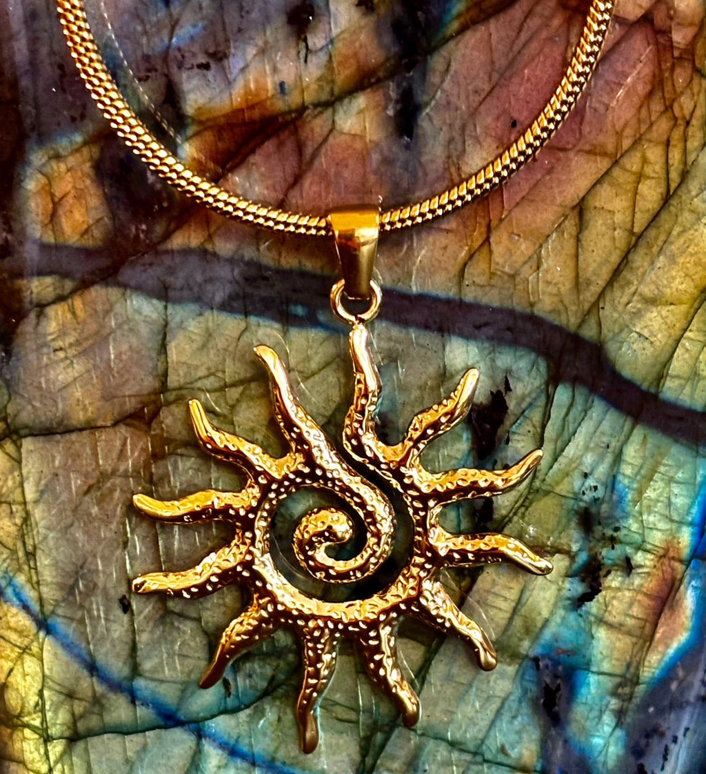 Vintage Sun Totem Pendant Necklace – Golden Radiance for Inner Strength & Style