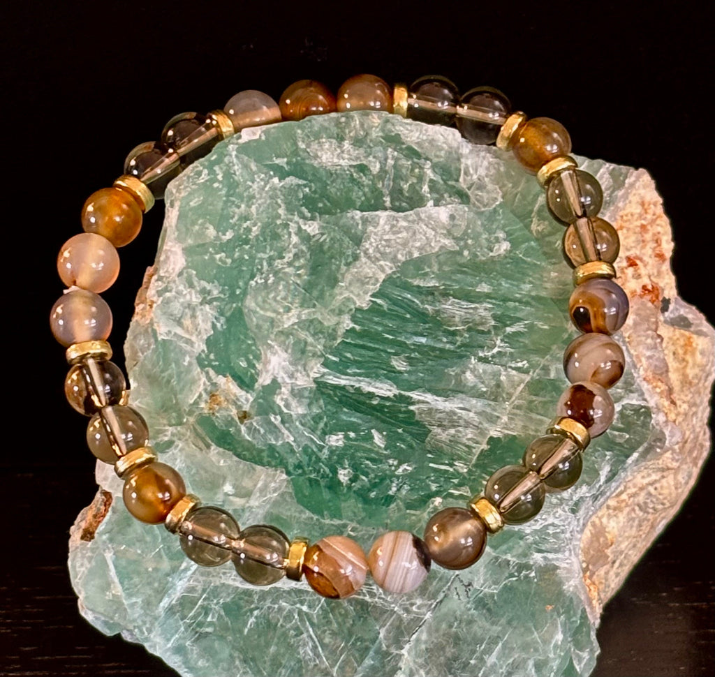 Bohemian "Overthinker's Elixir" Bracelet – Handcrafted Botswana Agate & Smoky Quartz for Grounding & Clarity