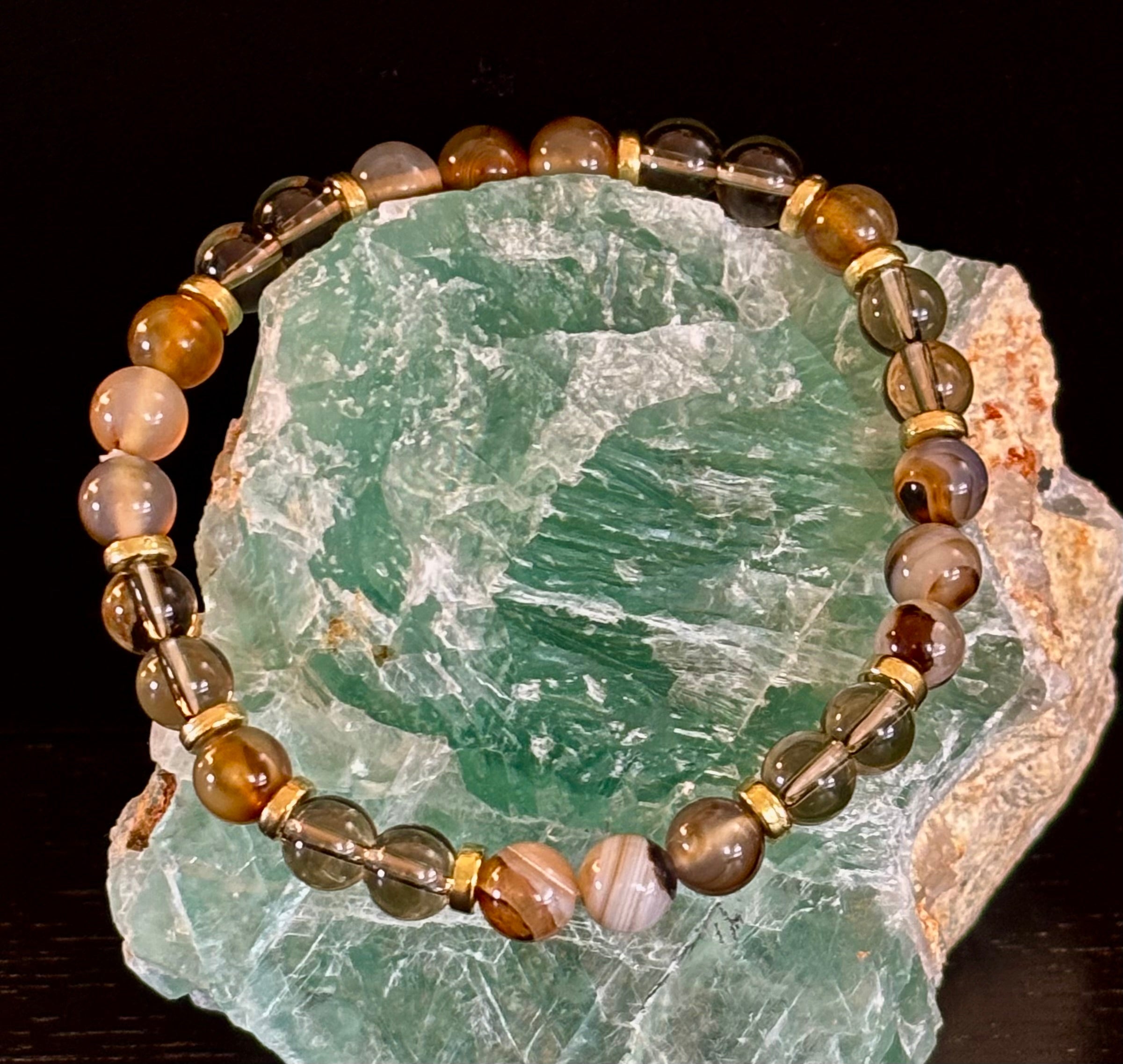 Bohemian "Overthinker's Elixir" Bracelet – Handcrafted Botswana Agate & Smoky Quartz for Grounding & Clarity