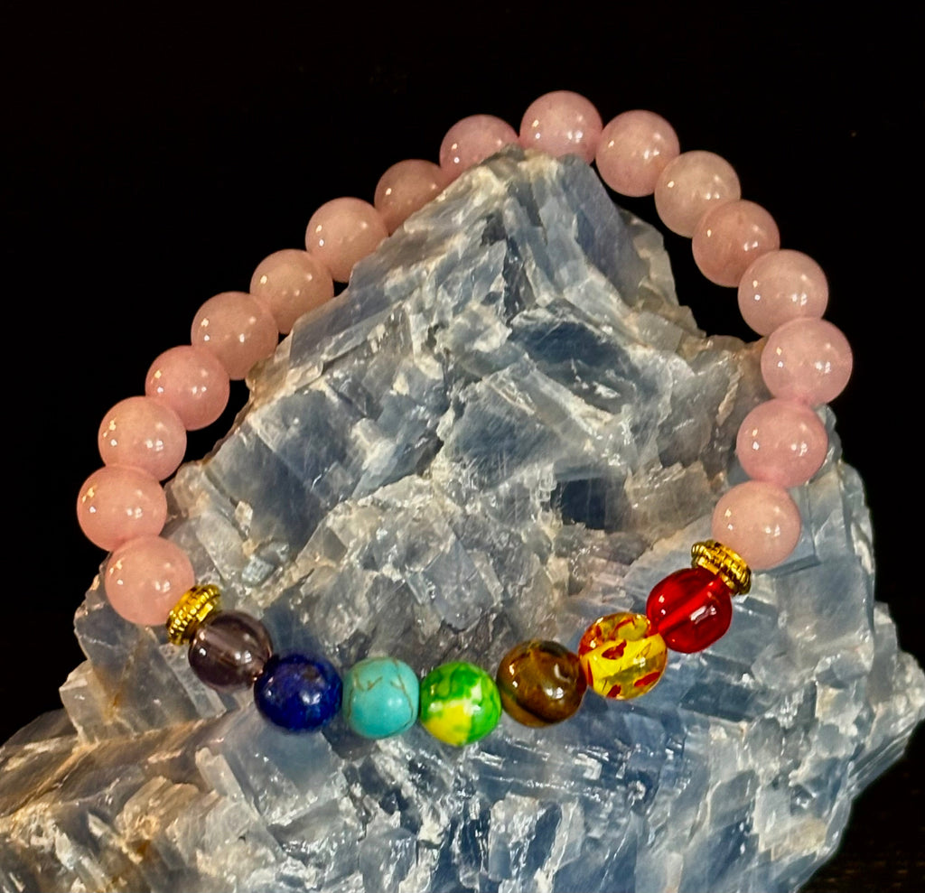🌸 Chakra & Rose Quartz Healing Bracelet – Emotional Balance + Heart Energy Support