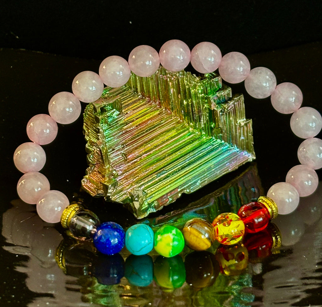🌸 Chakra & Rose Quartz Healing Bracelet – Emotional Balance + Heart Energy Support