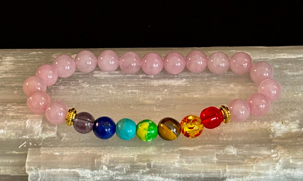 🌸 Chakra & Rose Quartz Healing Bracelet – Emotional Balance + Heart Energy Support
