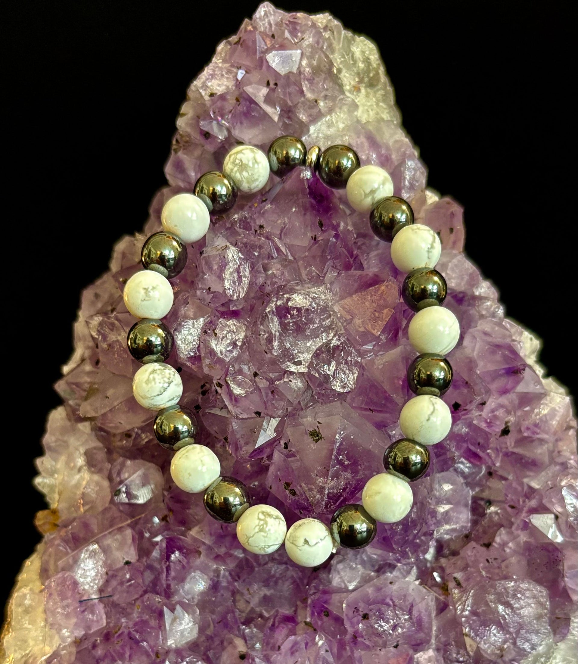 White Howlite & Hematite Reiki-Infused Calm & Grounding Bracelet (Medium Wrist)