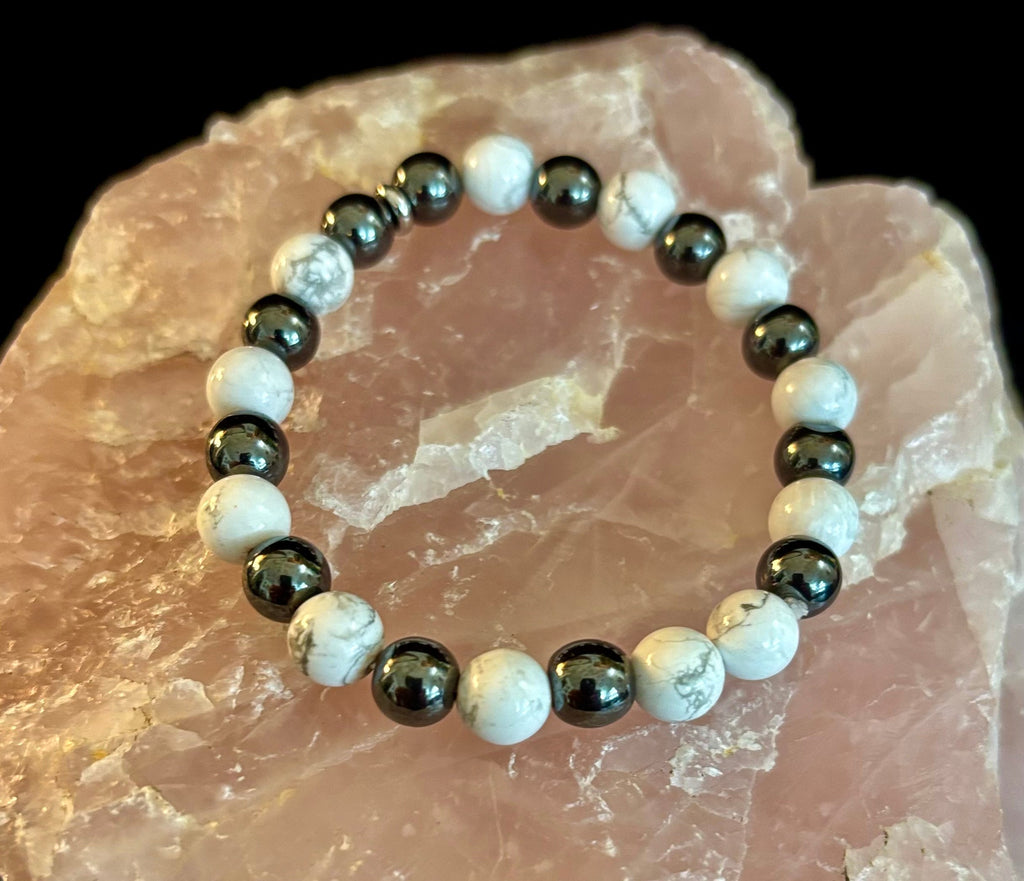 White Howlite & Hematite Reiki-Infused Calm & Grounding Bracelet (Medium Wrist)
