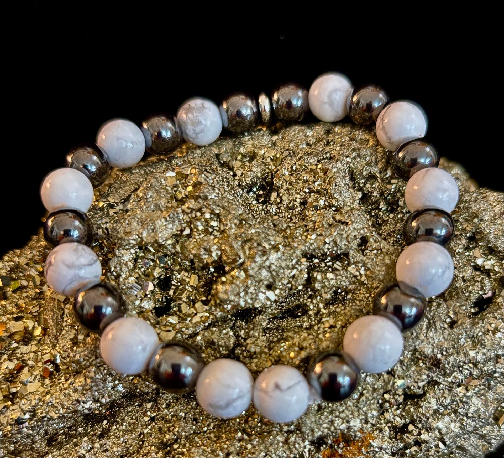 White Howlite & Hematite Reiki-Infused Calm & Grounding Bracelet (Medium Wrist)