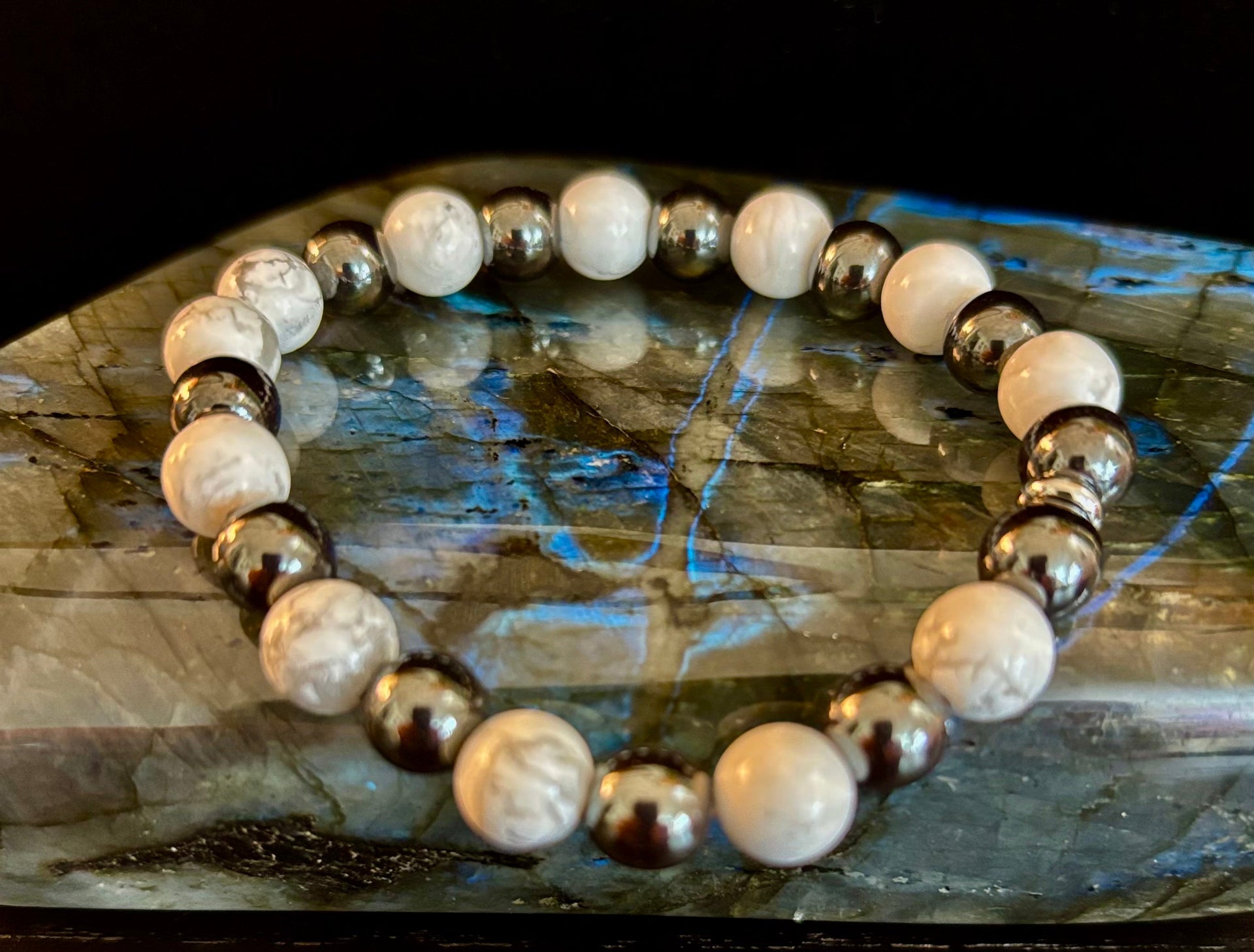 White Howlite & Hematite Reiki-Infused Calm & Grounding Bracelet (Medium Wrist)