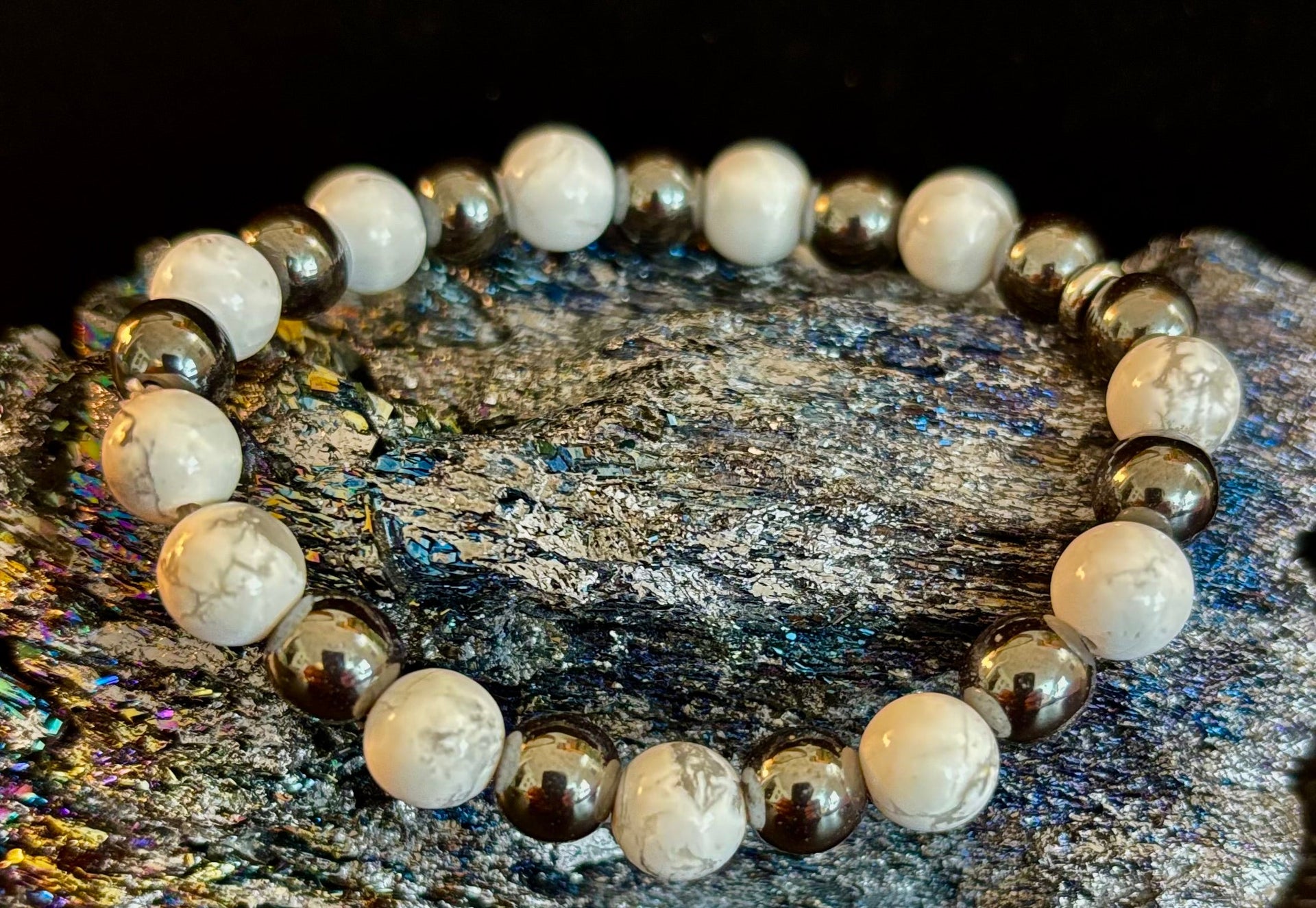 White Howlite & Hematite Reiki-Infused Calm & Grounding Bracelet (Medium Wrist)