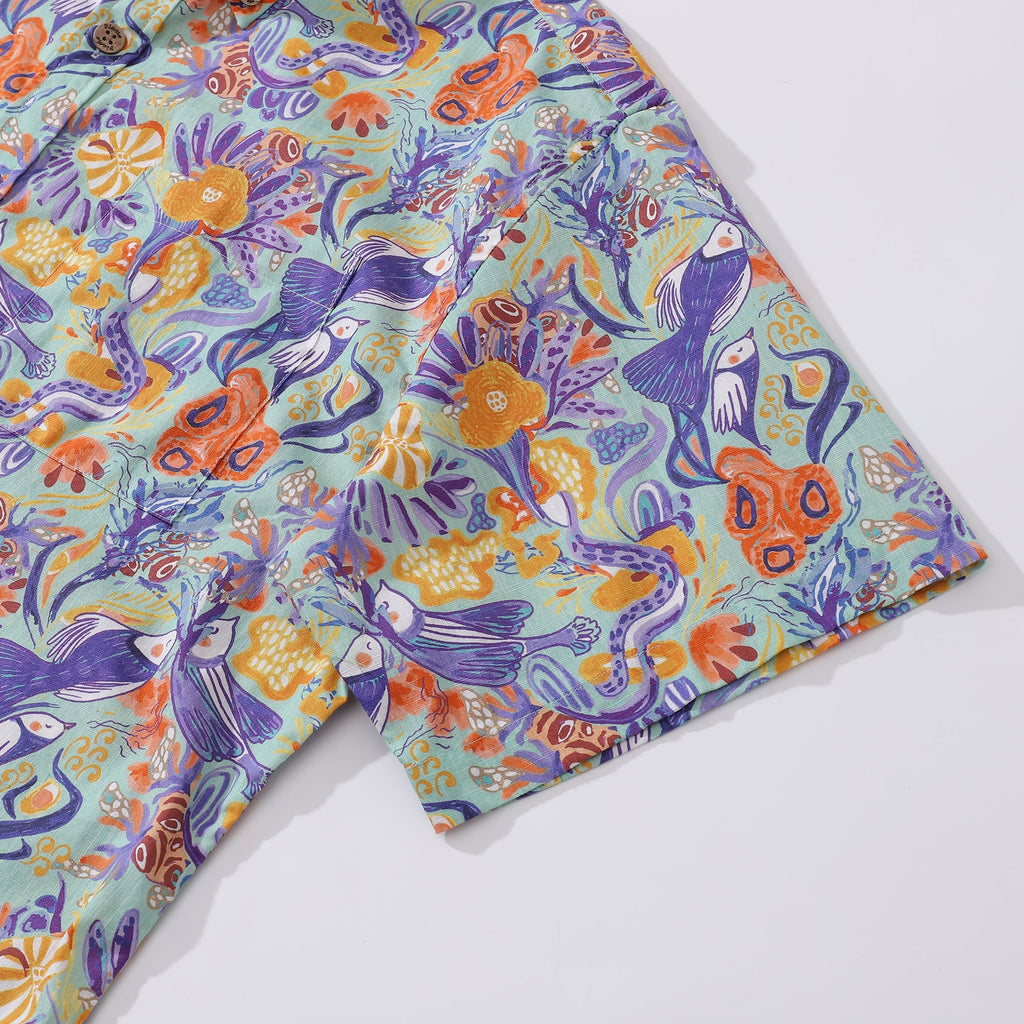Men's Mermaid Birds Pattern Hawaiian Shirt - Cotton Aloha Shirt