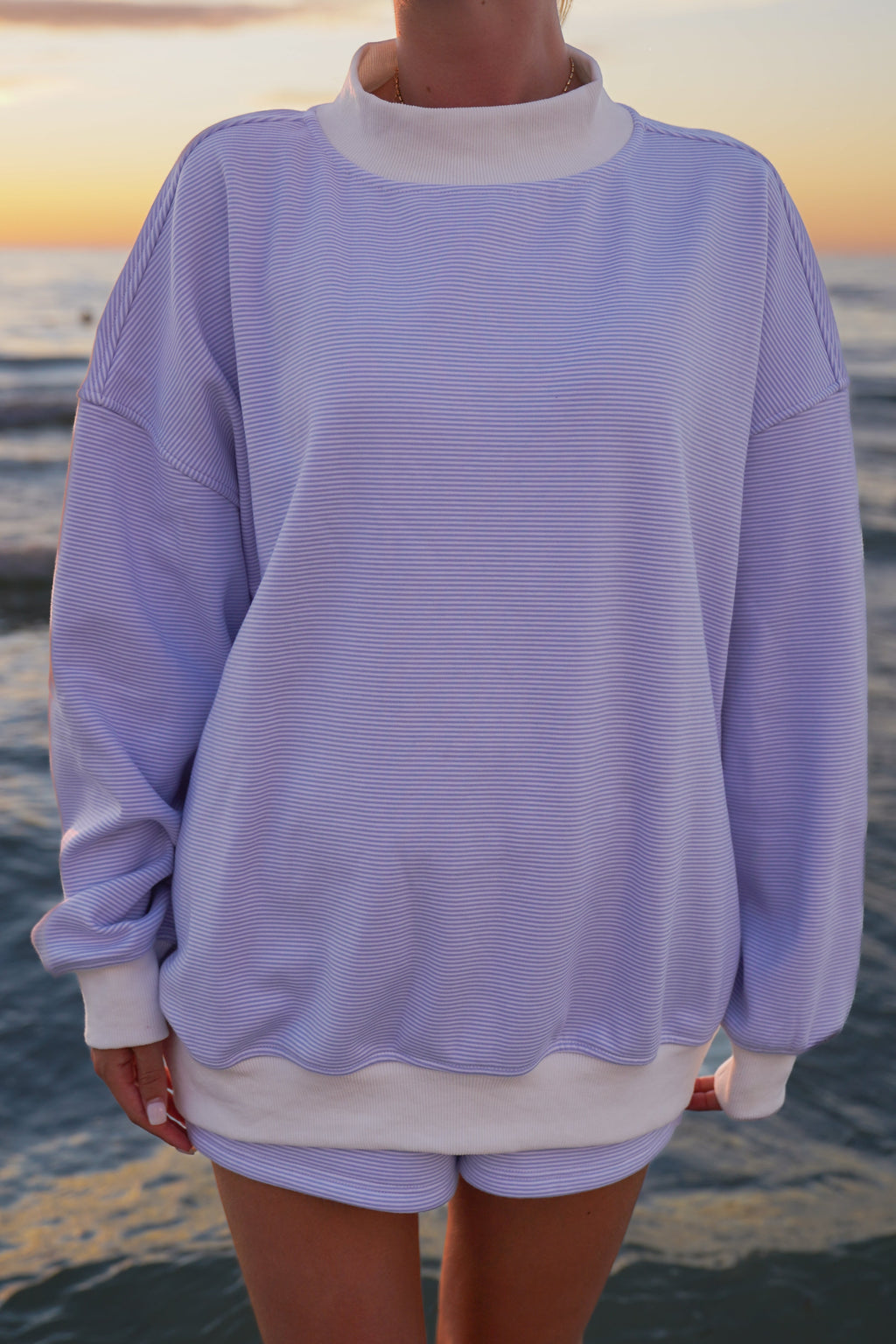 Blue and White Mini Striped Mockneck Sweatshirt Unisex