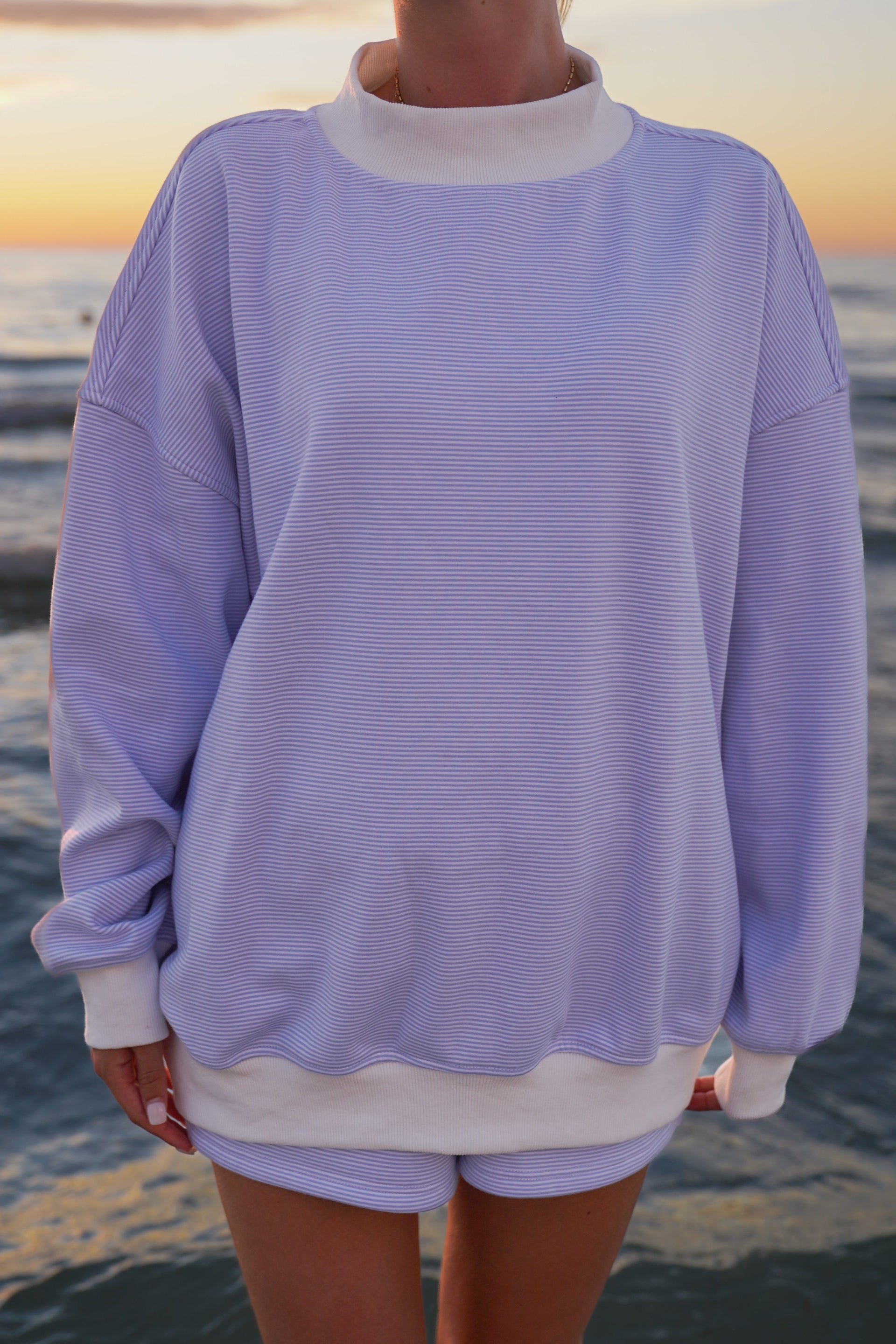 Blue and White Mini Striped Mockneck Sweatshirt Unisex