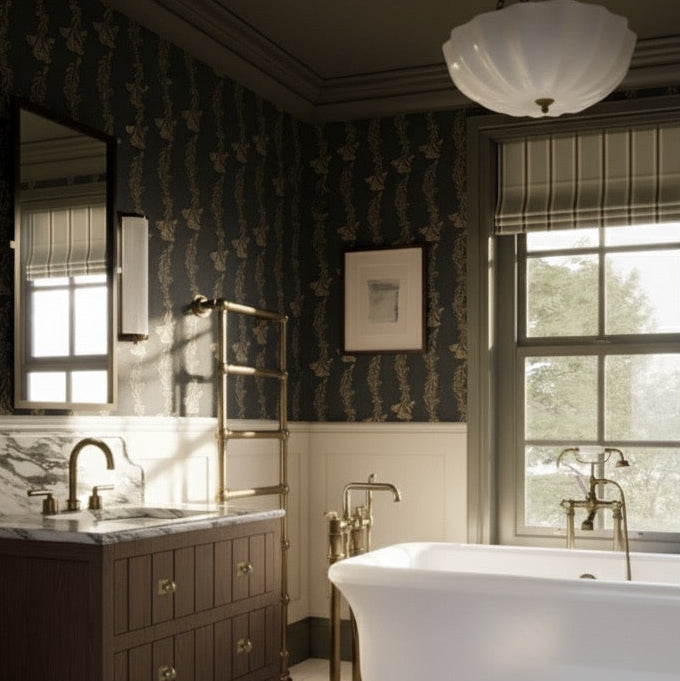 Ferguson floral wallpaper featuring charcoal, gold, white, and blush floral patterns in a traditional style interior.