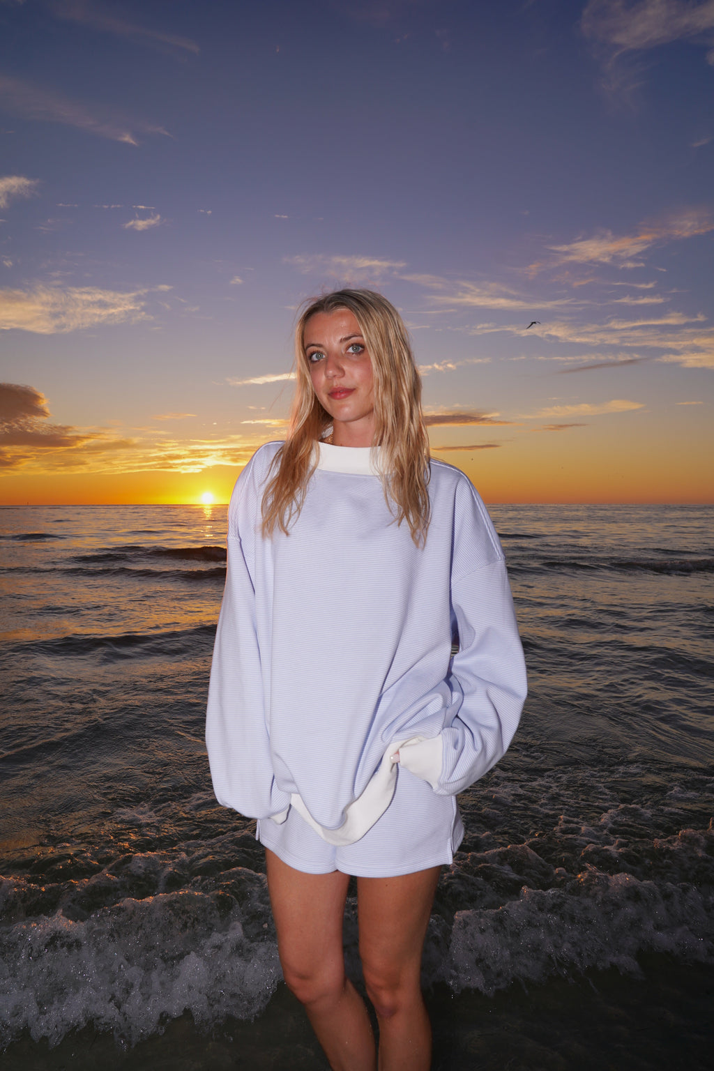 Blue and White Mini Striped Mockneck Sweatshirt Unisex