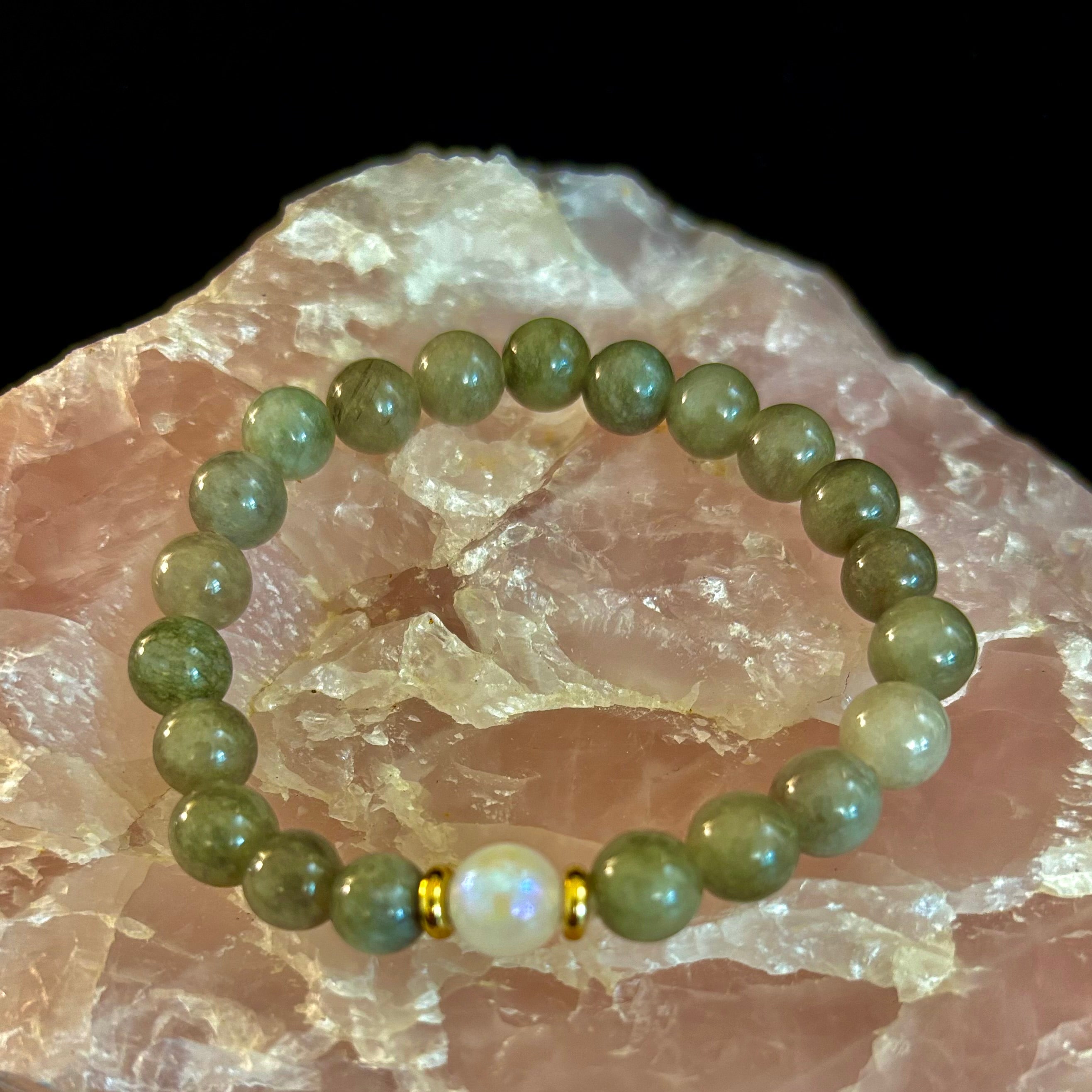 Jade & Moonstone Bracelet – 8mm Natural Gemstone (Small–Medium Wrist) | Luck, Calm & New Beginnings