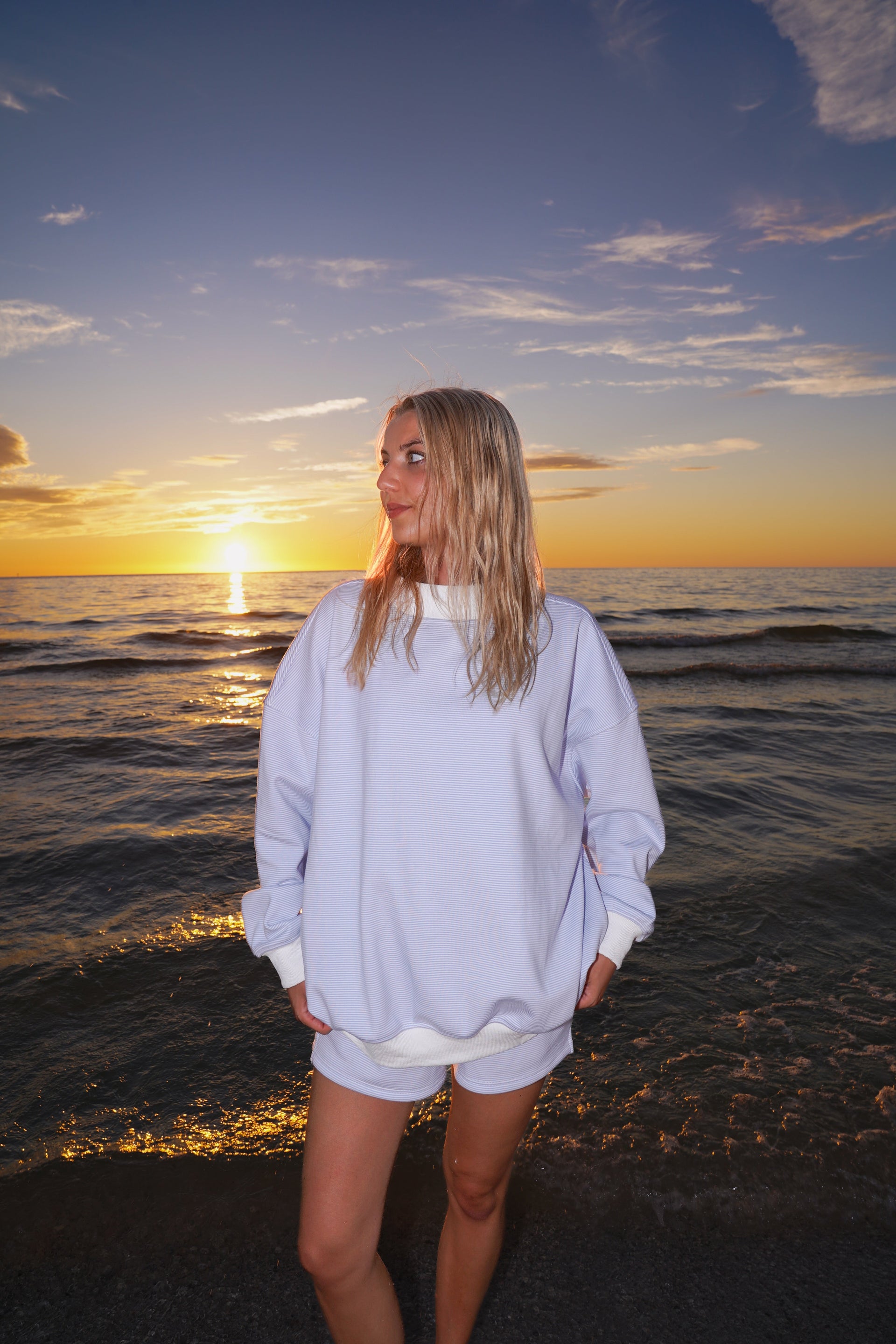 Blue and White Mini Striped Mockneck Sweatshirt Unisex